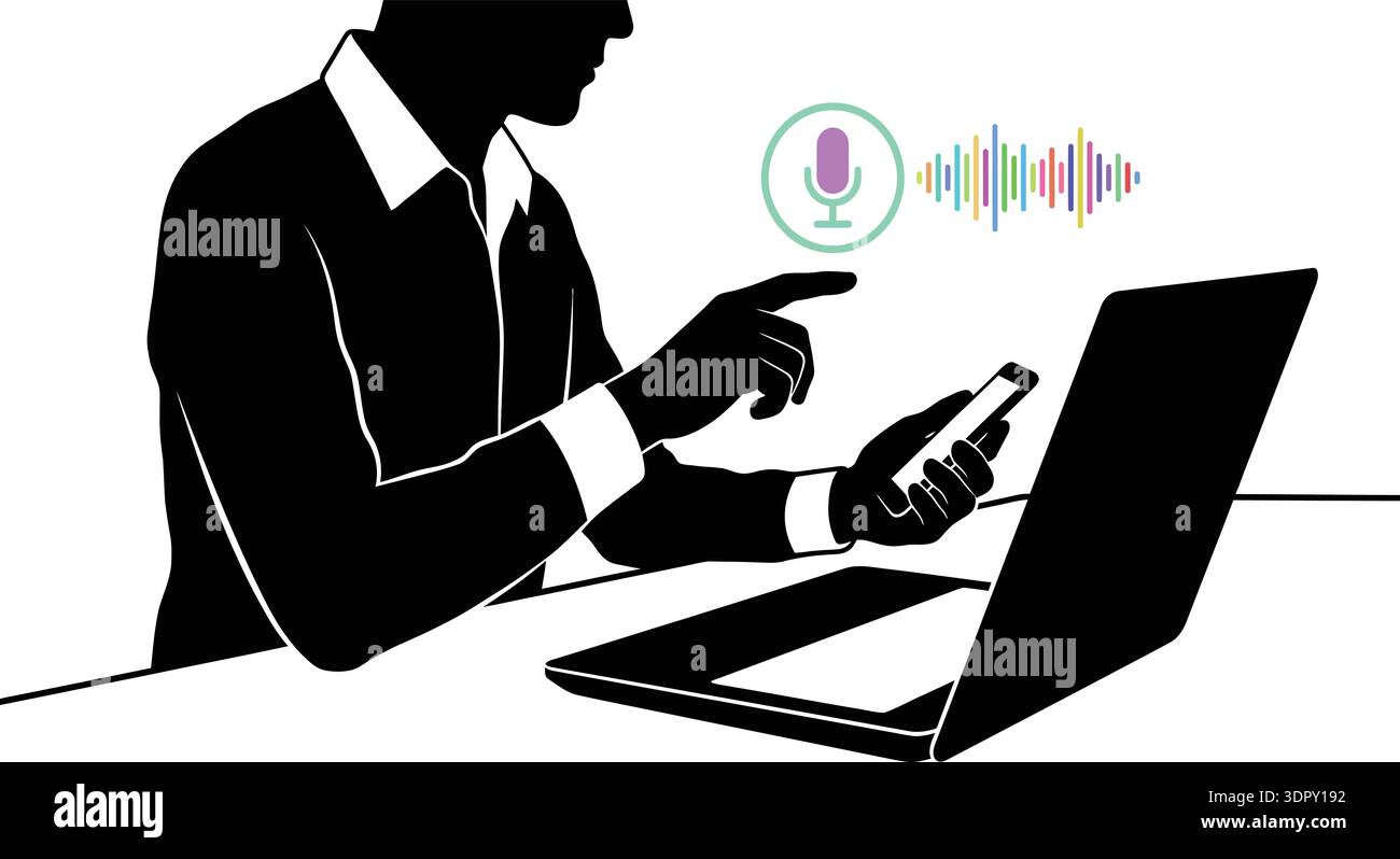 Illustrazione vettoriale del concetto di riconoscimento vocale e tecnologia vocale-testo con un uomo d'affari che utilizza smartphone e laptop Illustrazione Vettoriale