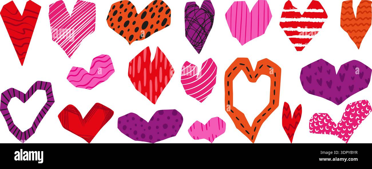 Ritagliare i cuori di carta. Cuore astratto con scarabocchi e texture. Amate gli elementi romantici, lo stile collage, gli adesivi brillanti da album, il neotero Illustrazione Vettoriale