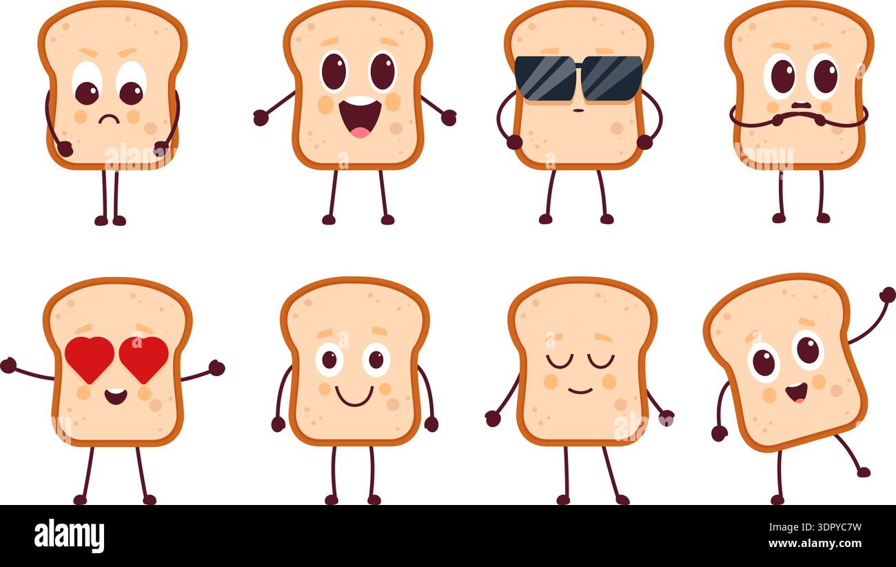 Caratteri brindisi. Divertente fetta di pane con emozioni diverse. Carino personaggio del cibo dei cartoni animati, mascotte per bambini. Spuntino in amore, sorpreso, nervoso, sapido Illustrazione Vettoriale