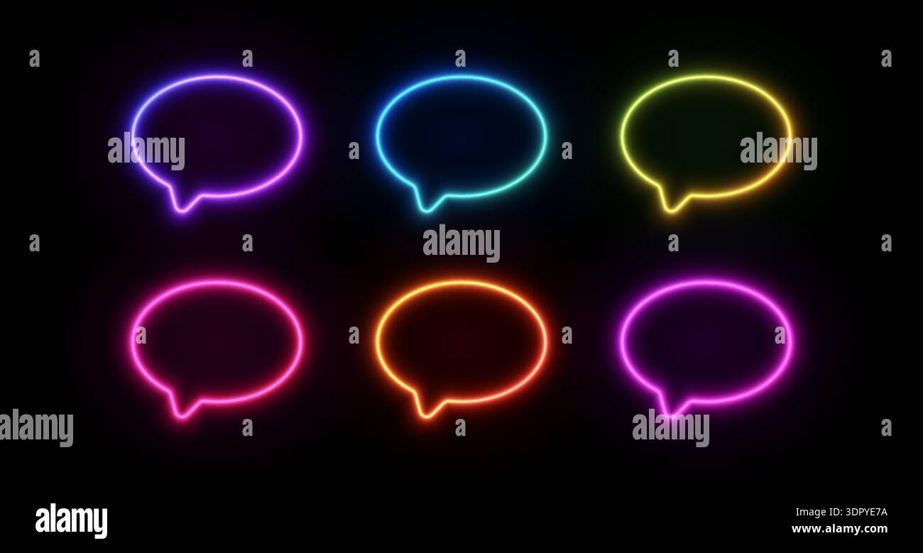 Palloncino luminoso al neon con effetto luminoso a LED. Cornice colorata con sfumature rosa, blu e giallo per una moderna interfaccia chat e grafica cyber-conversazione. Illustrazione Vettoriale