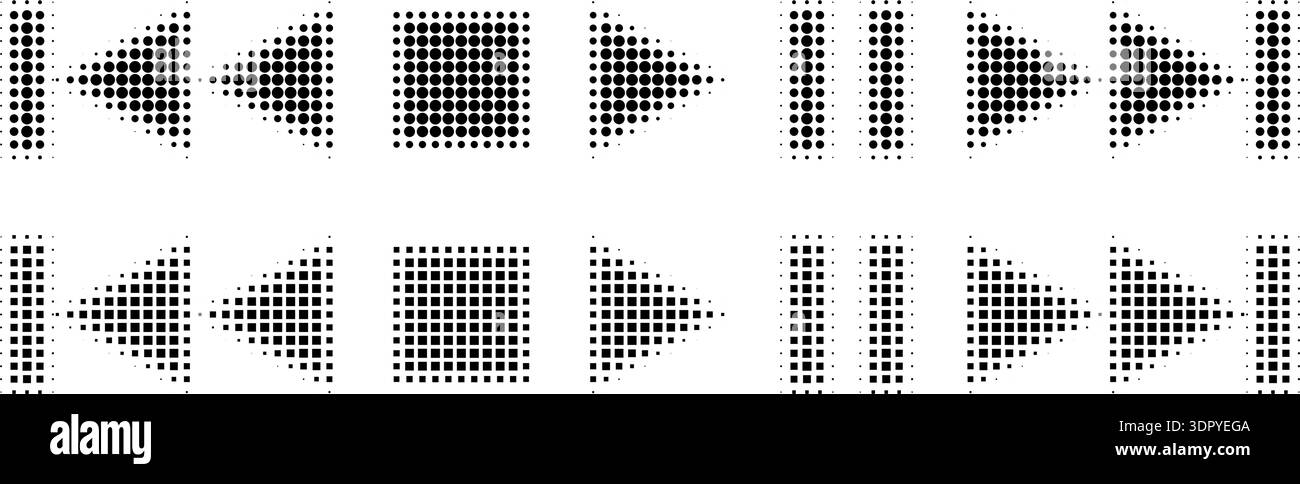 Icone del lettore multimediale con punti sfumati a mezzitoni. Pulsanti di riproduzione, pausa e arresto in stile retrò. Simboli di controllo per il design dell'interfaccia audio e video su sfondo bianco. Illustrazione Vettoriale