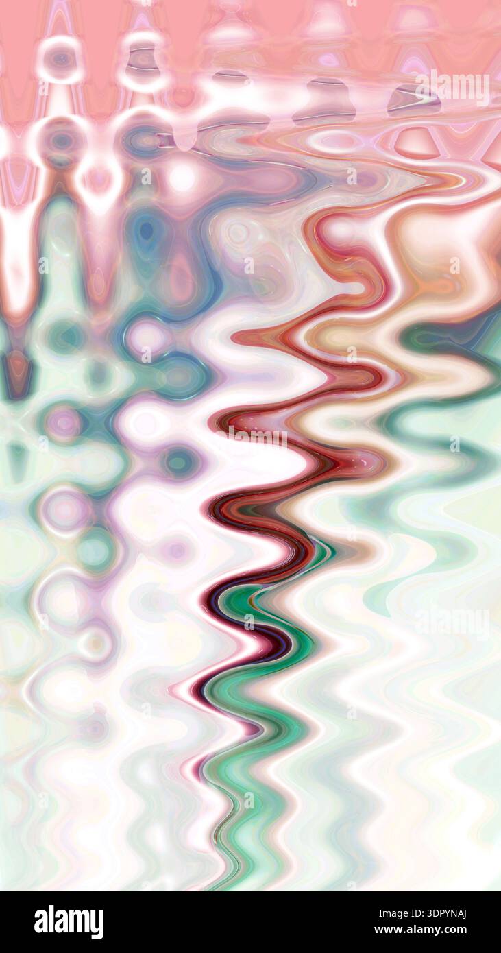 Onde astratte luminose in gradienti rosa, turchese e arancione con punti luminosi. Una composizione dinamica verticale, ideale per sfondi, striscioni e. Foto Stock