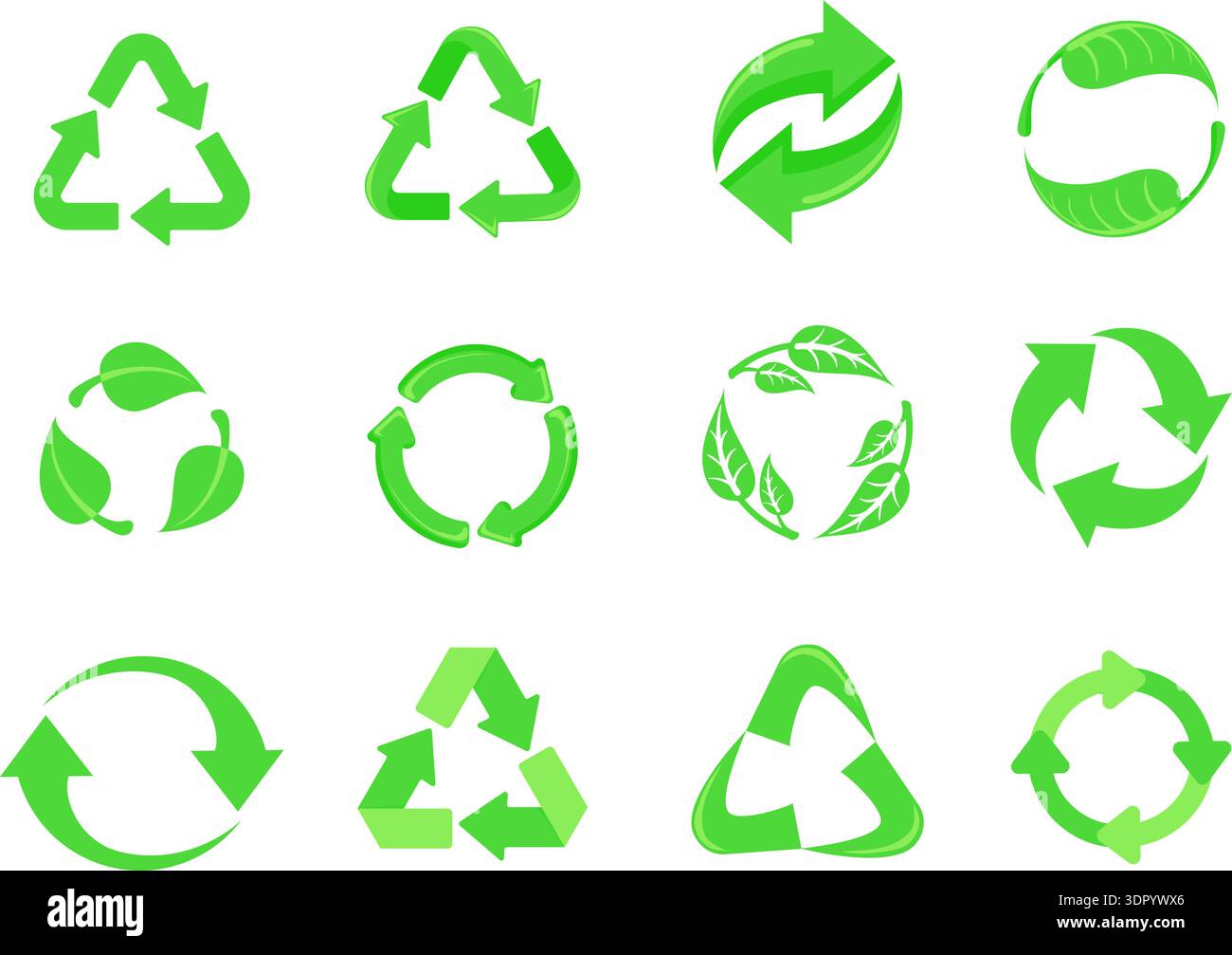 Simboli delle frecce di riciclaggio. Riduci, riutilizza le icone freccia eco verde foglia verde logo natura sostenibilità energia terra ambiente ecologia concetto ciclo, imposta illustrazione vettoriale grafica originale Illustrazione Vettoriale