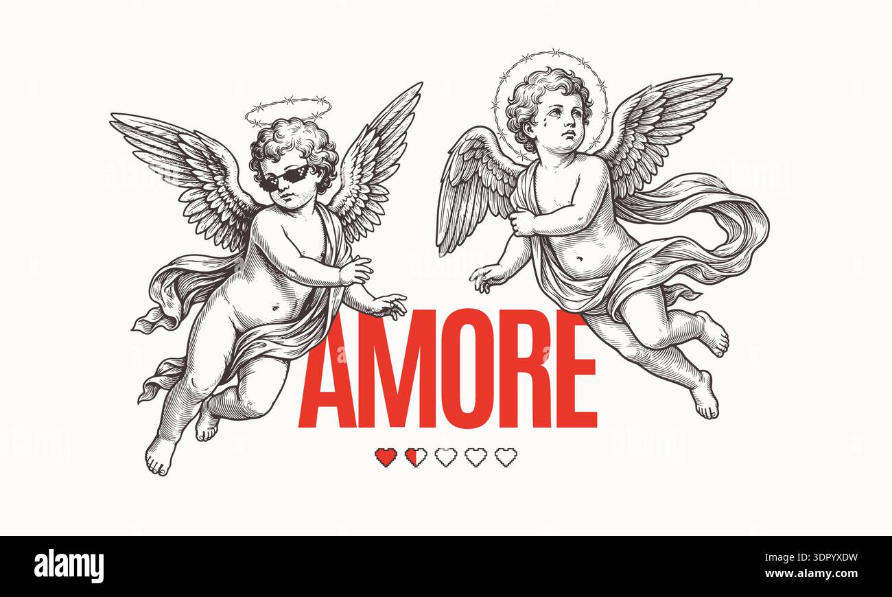 Illustrazione vettoriale di due angeli o cupidi. Angels indossa occhiali da sole e un alone di filo spinato. Line art di ispirazione rinascimentale con tipografia rossa AMORE e barra di caricamento pixel Heart. Perfetto per il design streetwear, le t-shirt e i poster. Illustrazione Vettoriale