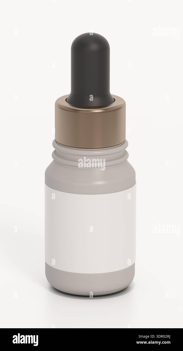 Flacone per medicinali e contagocce isolati su sfondo bianco. Illustrazione 3D. Foto Stock