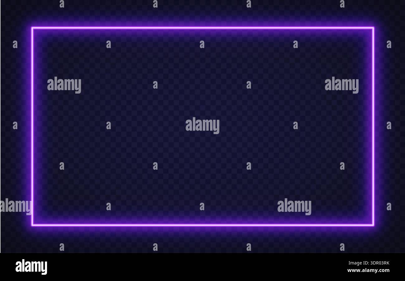 Rettangolo al neon viola brillante con luce viola tenue, ideale per le moderne interfacce digitali o per il design notturno. Illustrazione Vettoriale