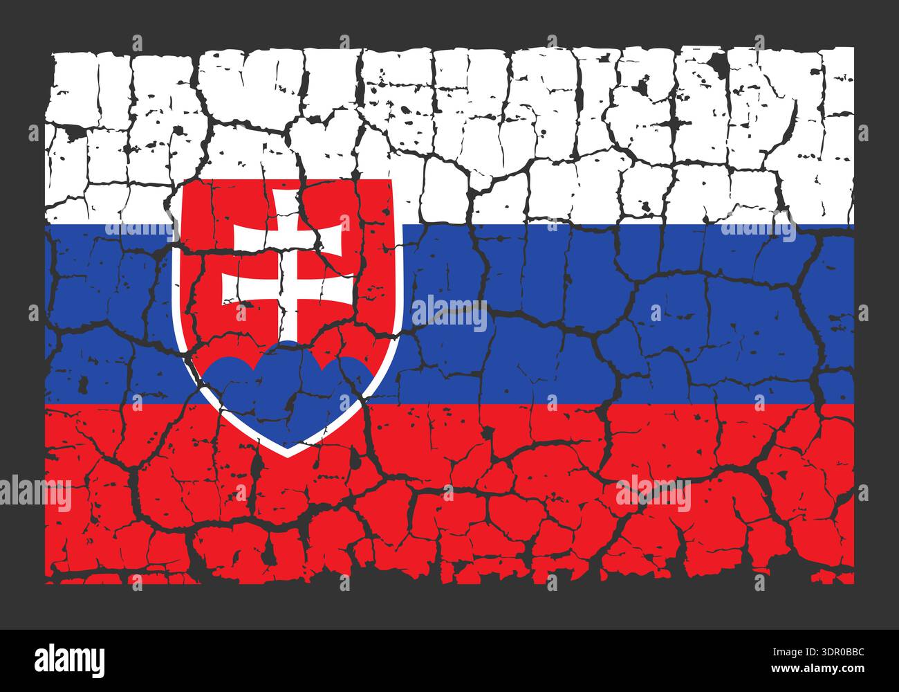 Illustrazione della bandiera nazionale della Slovacchia dipinta su un muro incrinato. Sfondo in stile grunge con colori ufficiali slovacchi bianco, blu e rosso e stemma. Illustrazione Vettoriale