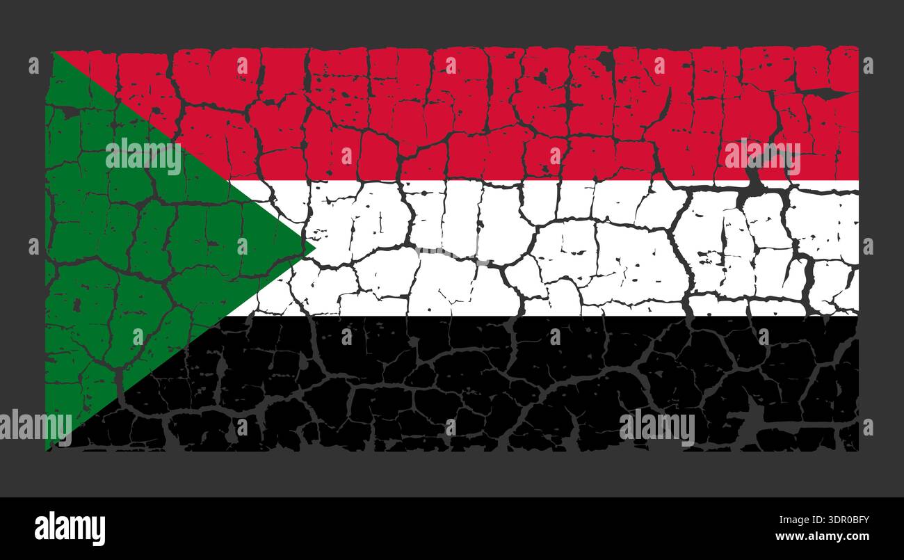 Illustrazione della bandiera nazionale del Sudan dipinta su un muro incrinato. Sfondo in stile grunge con strisce ufficiali sudanesi rosse, bianche e nere con triangolo verde. Illustrazione Vettoriale