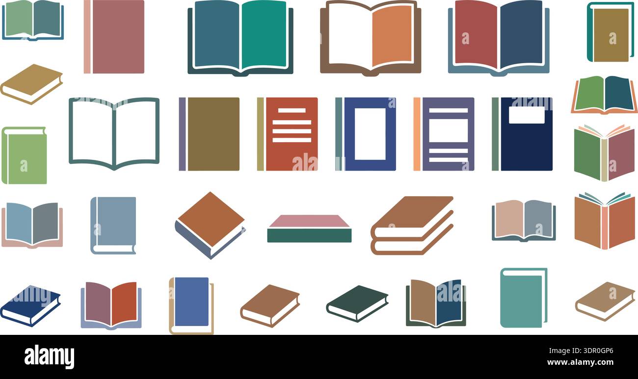 Set vettoriale raccolta icone libro aperto e chiuso con vari design di copertina Illustrazione Vettoriale