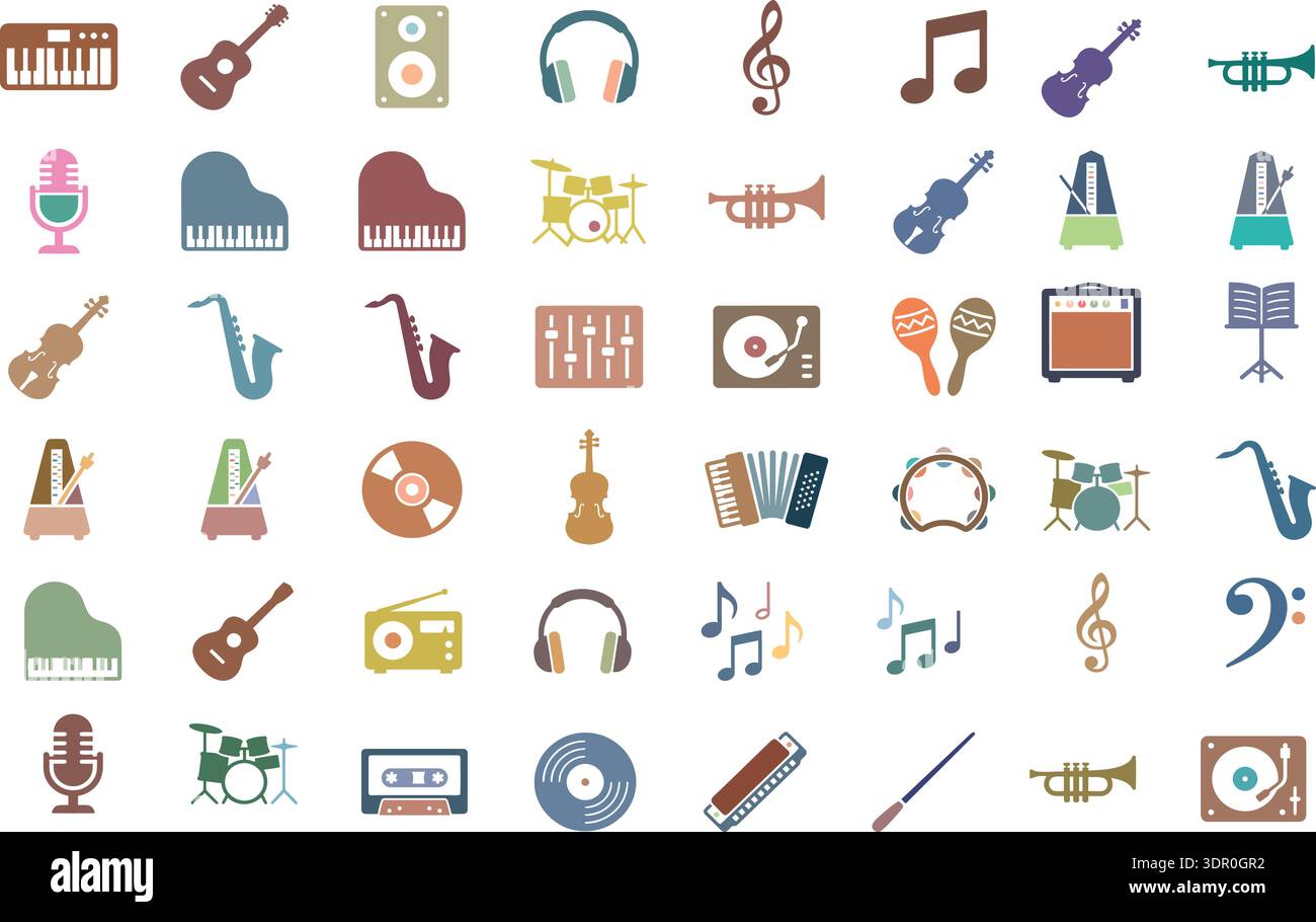 Set vettoriale raccolta icone strumenti musicali e apparecchiature audio Illustrazione Vettoriale