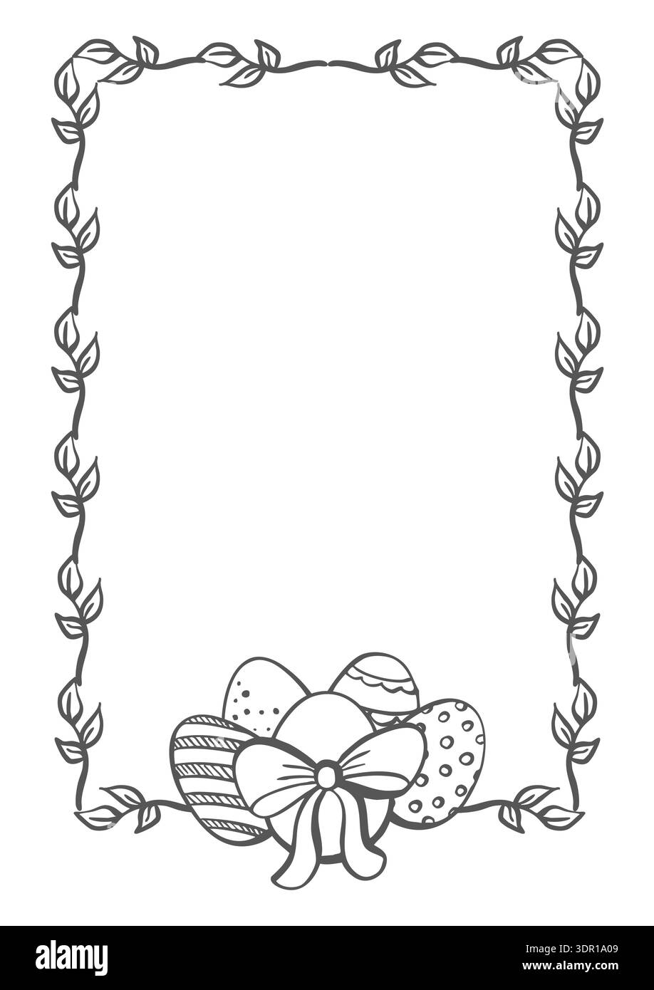 Cornice floreale con illustrazione grafica vettoriale delle uova di Pasqua. Bordo isolato disegnato a mano per la tessera di buon Pasqua. Design Doodle per le vacanze primaverili Illustrazione Vettoriale
