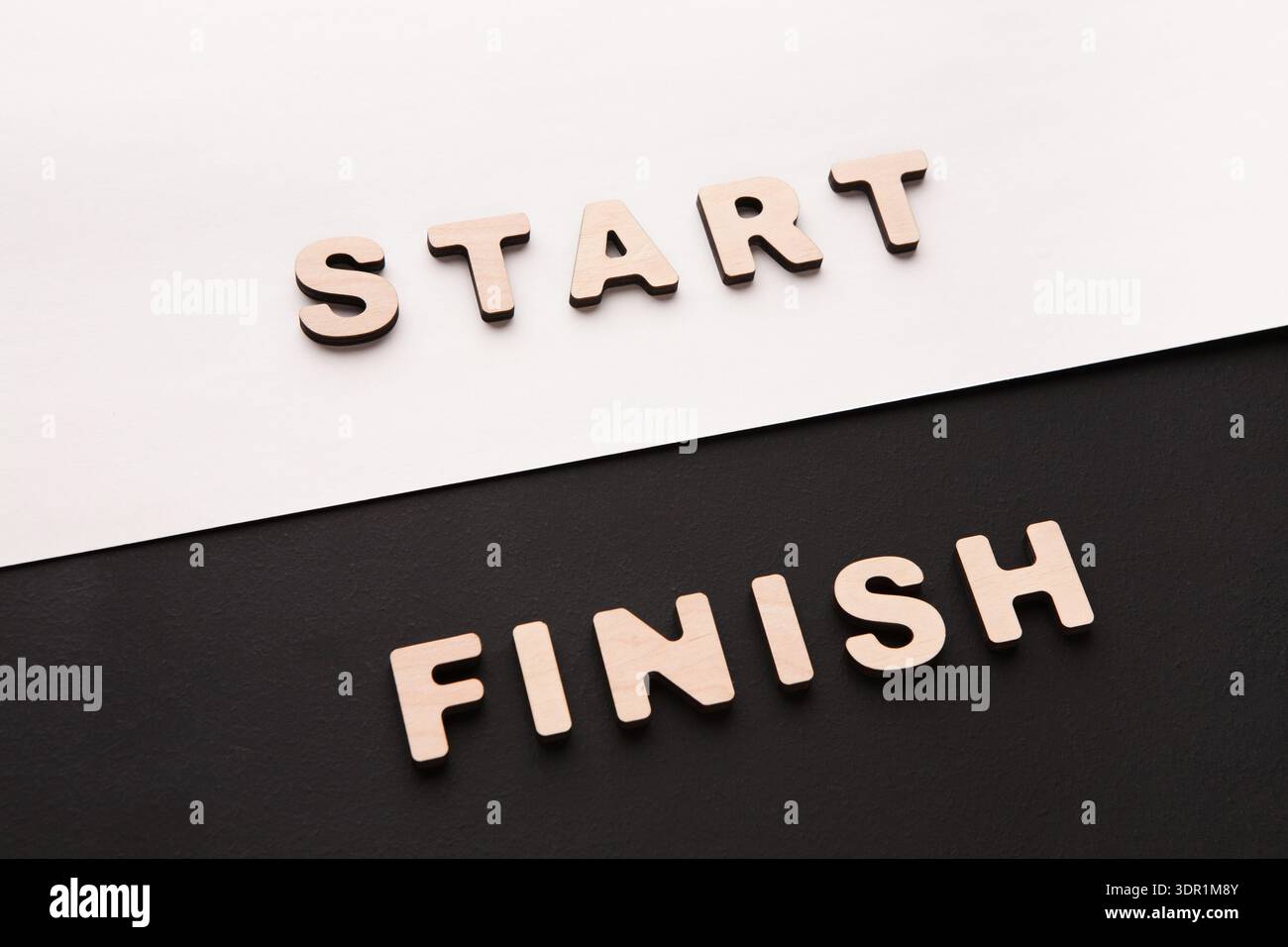 Le parole iniziano e finiscono in un layout semplice che mostra una progressione su sfondi diversi Foto Stock