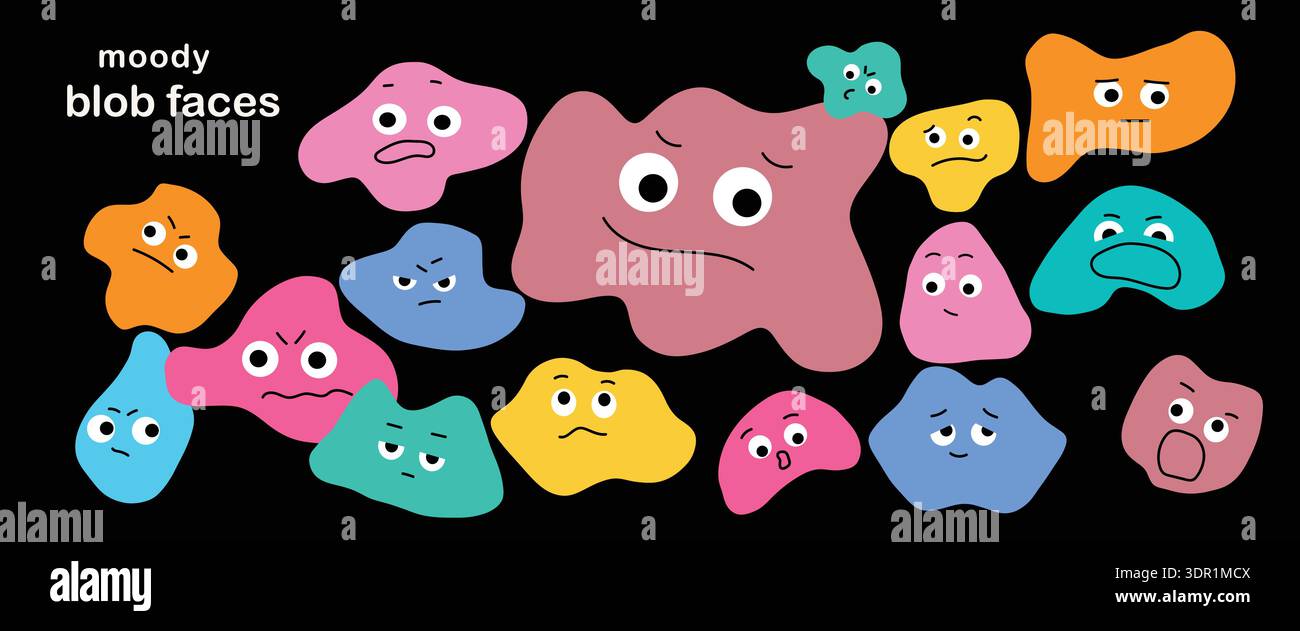 Personaggi di Moody Abstract Blob con volti emotivi Illustrazione Vettoriale