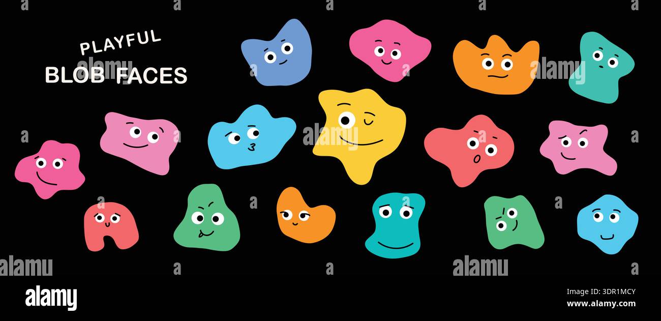 Personaggi Blob astratti giocosi con volti carini Illustrazione Vettoriale