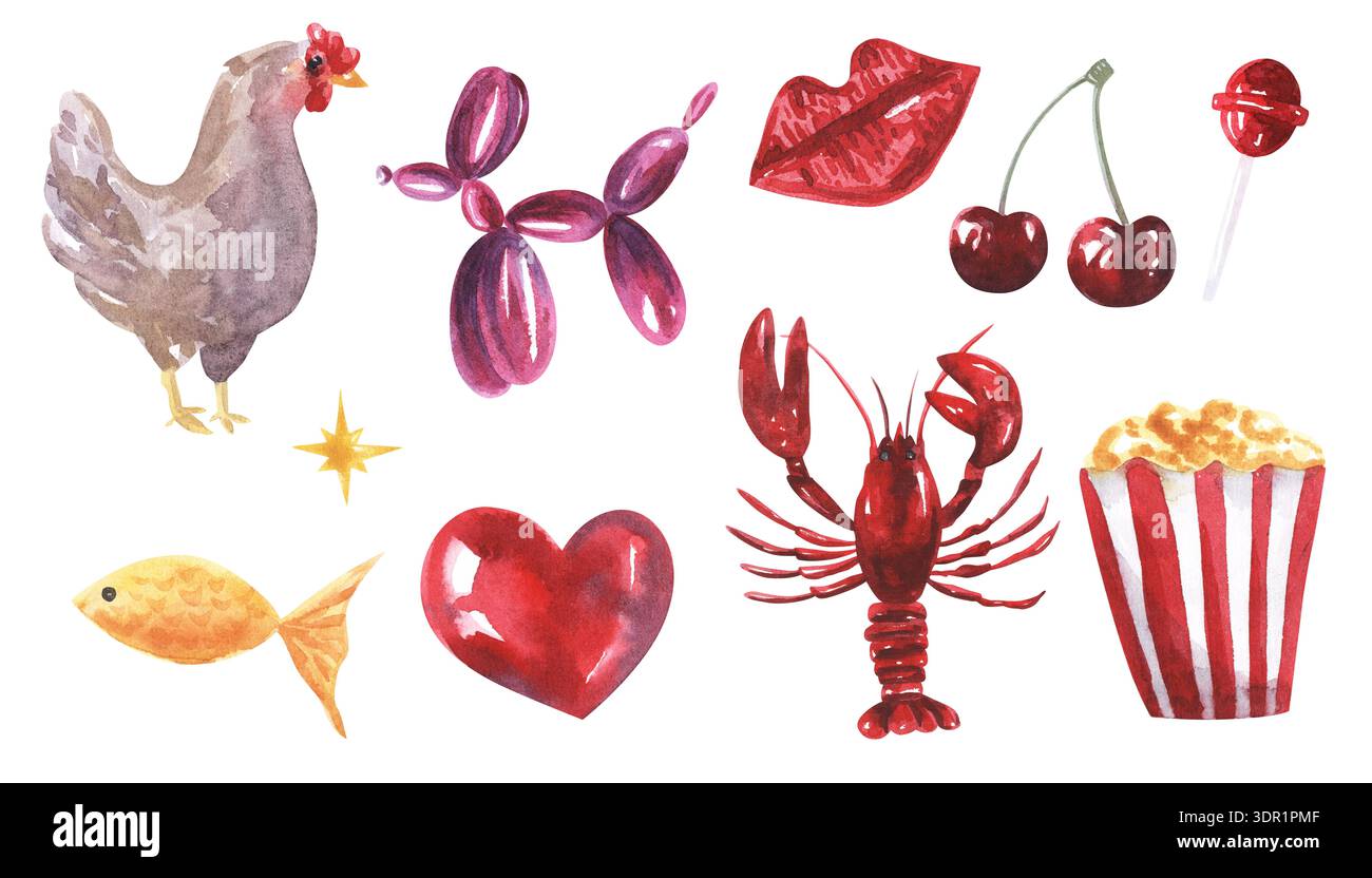 Set surrealistico di oggetti diversi. Palloncino a forma di cane, popcorn, labbra, pesce, pollo, aragosta, ciliegia, lecca, cuore. Per un design creativo Foto Stock