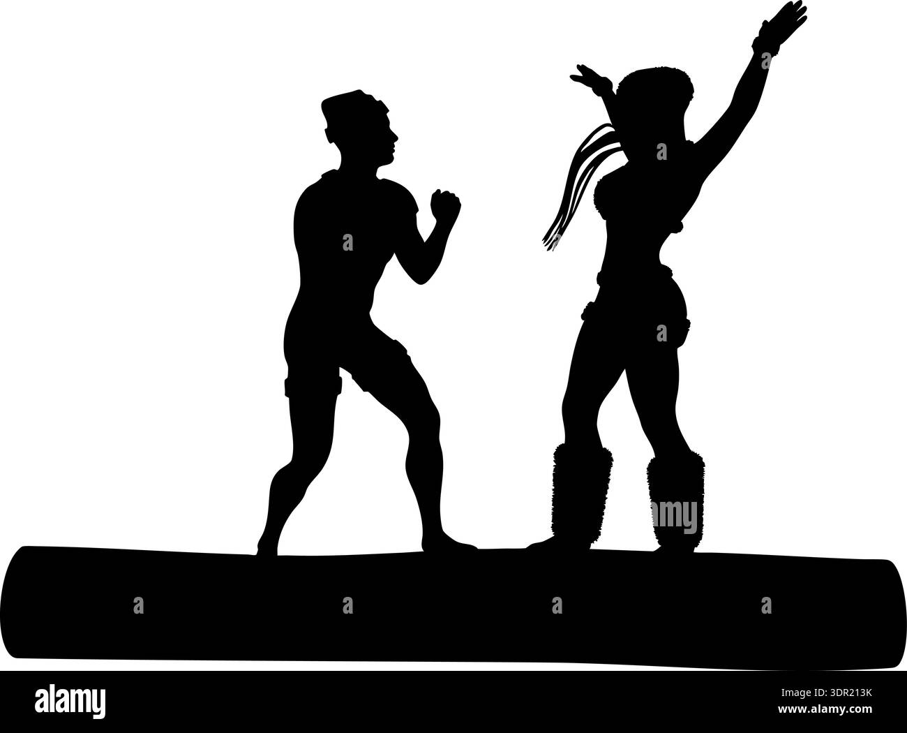 La silhouette nera mostra un uomo e una donna che ballano in una posa dinamica su uno sfondo bianco. Perfetto per temi di salvataggio, romanticismo o azione in gr Illustrazione Vettoriale