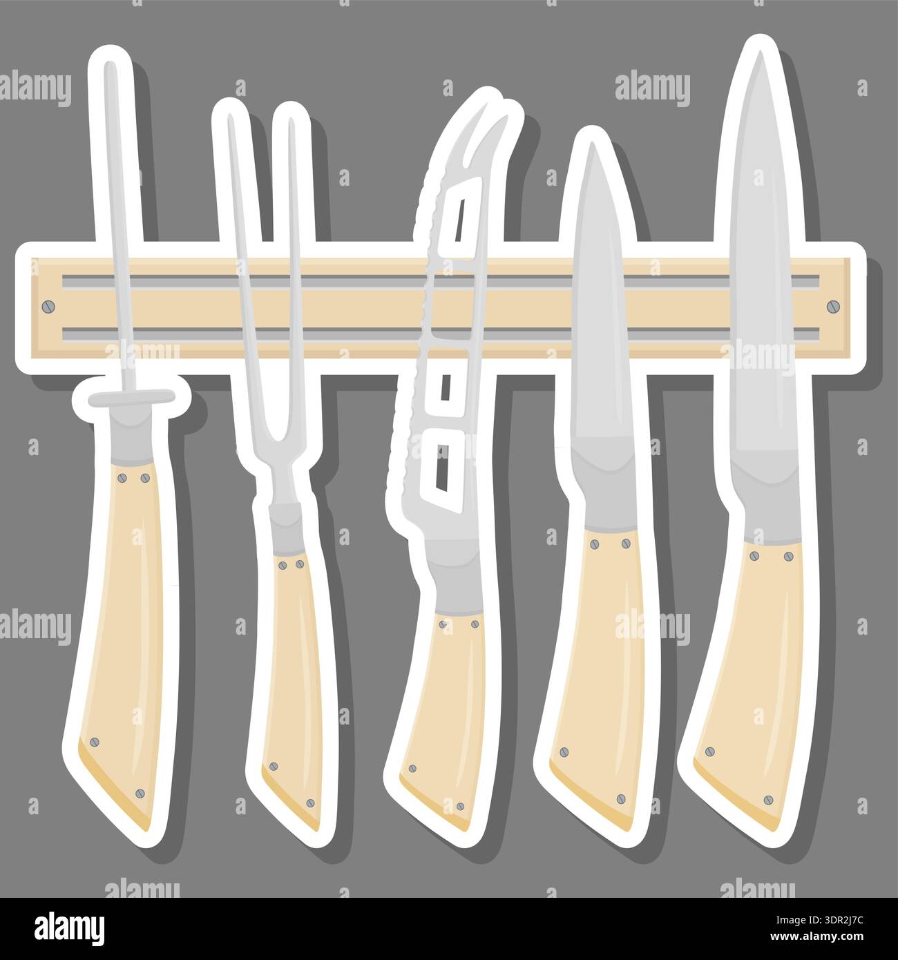Illustrazione sul tema Set di colori grandi diversi tipi coltello dimensioni diverse per macellaio, modello di coltello kit composto da accessorio di raccolta per macelleria Illustrazione Vettoriale