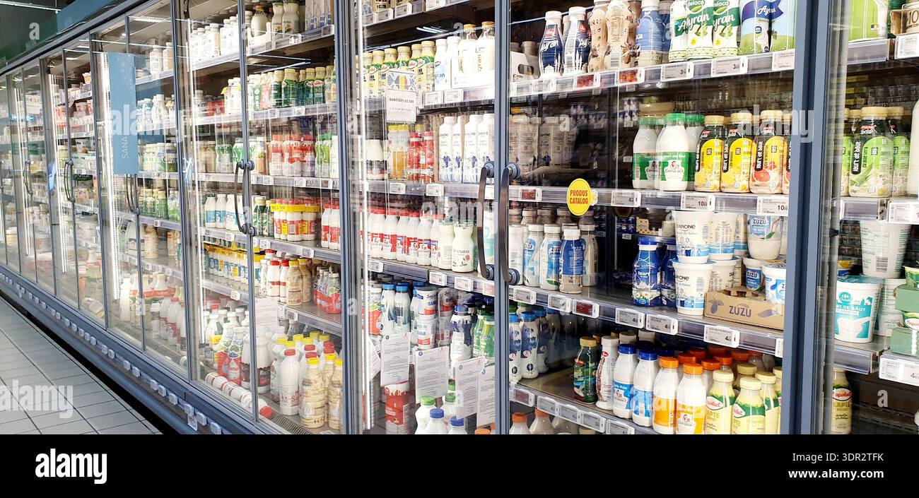 Vari marchi di prodotti caseari nel congelatore frigorifero in un supermercato. Foto Stock