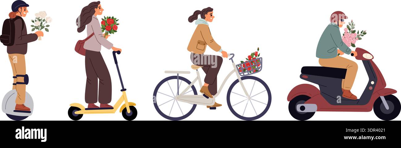 I corrieri del servizio di consegna fiori viaggiano su monoruote, scooter, biciclette e ciclomotori. Deliveryman porta i bouquet ai clienti. Trasporto in città Illustrazione Vettoriale