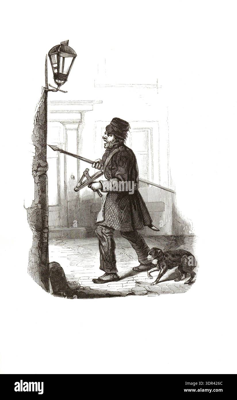 Typen aus Holland um 1841, De klapperman van S-Gravenhage, Klappermann von Den Haag, Wachdienst, Nachtwächter, Niederlande, authentisch, resta digitale Foto Stock