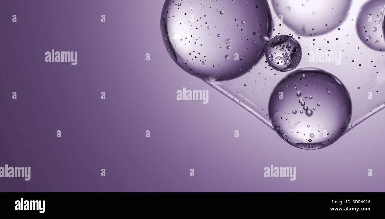 nuovo concetto di formula per la cura della pelle che mostra bolle di siero viola con ricerca scientifica di fondo essenza di collagene liquido struttura molecolare 3d i. Foto Stock