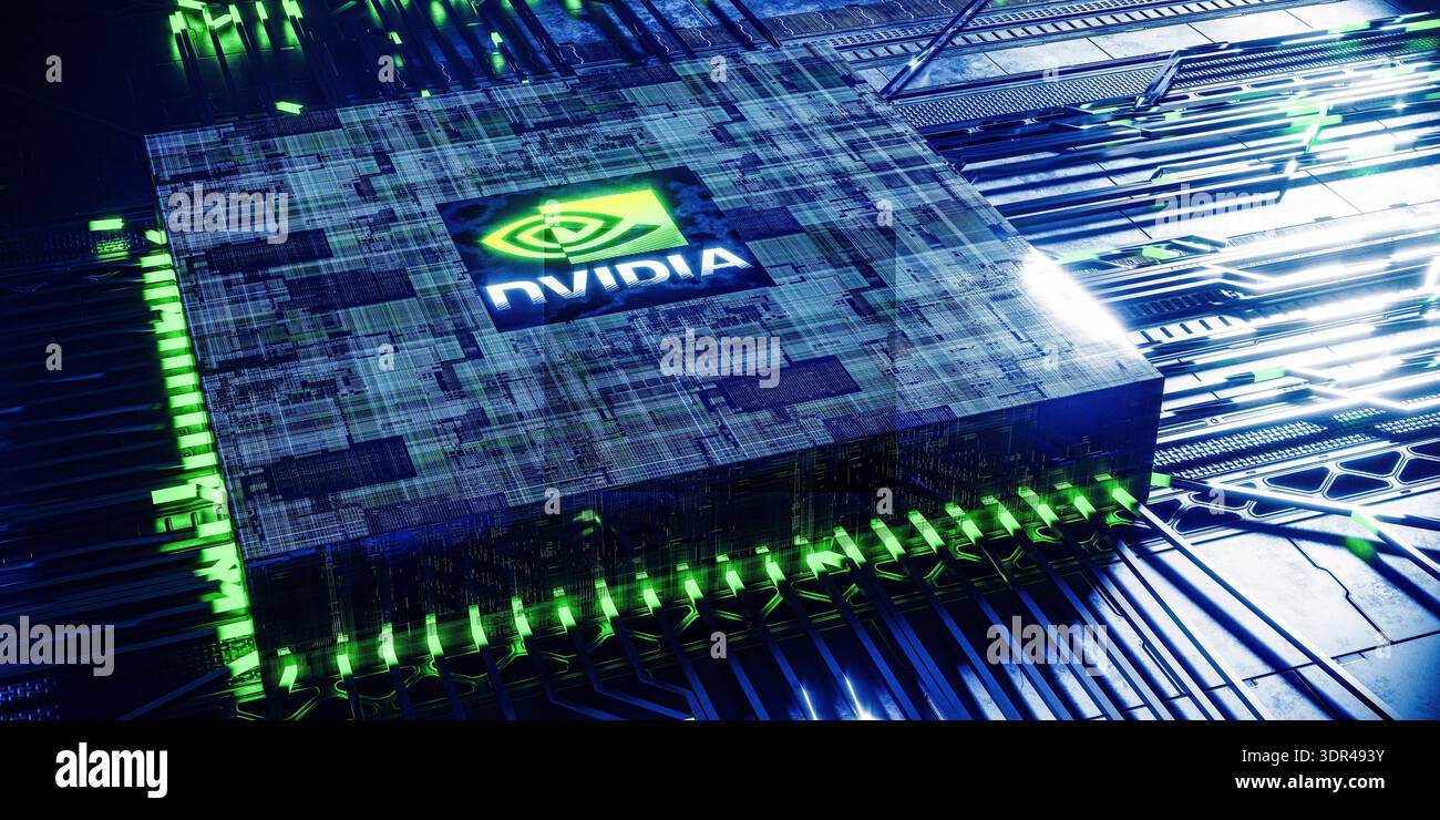concetto di settore tecnologico che mostra il logo nvidia sul chip del processore del computer con illustrazione 3d dell'hardware di sfondo della scheda a circuiti stampati al neon verde Foto Stock