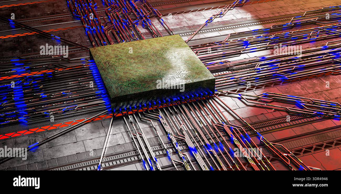concetto hardware futuristico che mostra il chip del processore del computer sulla scheda madre con illustrazione 3d della tecnologia dei circuiti stampati con luci al neon rosse e blu Foto Stock
