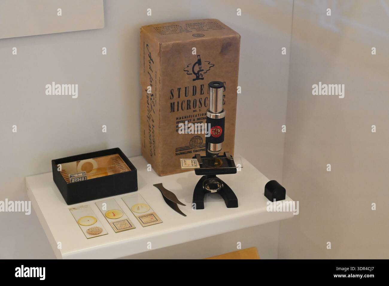 Microscopio e vetrini di vetro - Young V&A - Londra - Concept Healthcare, ricerca, scienza, insegnamento, scoperta Foto Stock