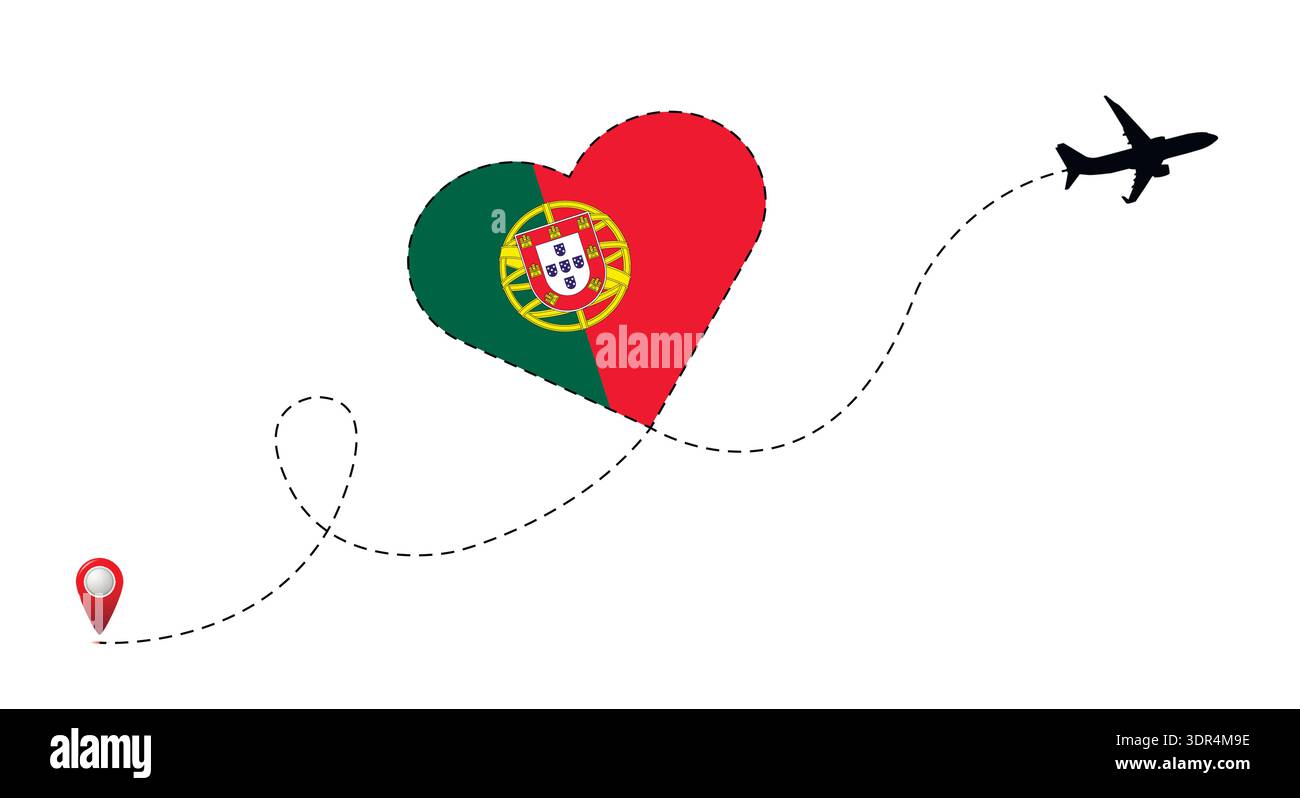 Rotta di volo in aereo con bandiera del Portogallo nel cuore. Illustrazione Vettoriale