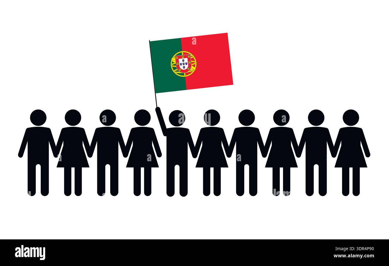 Schizzo di una folla e di un leader con la bandiera del Portogallo. Illustrazione Vettoriale