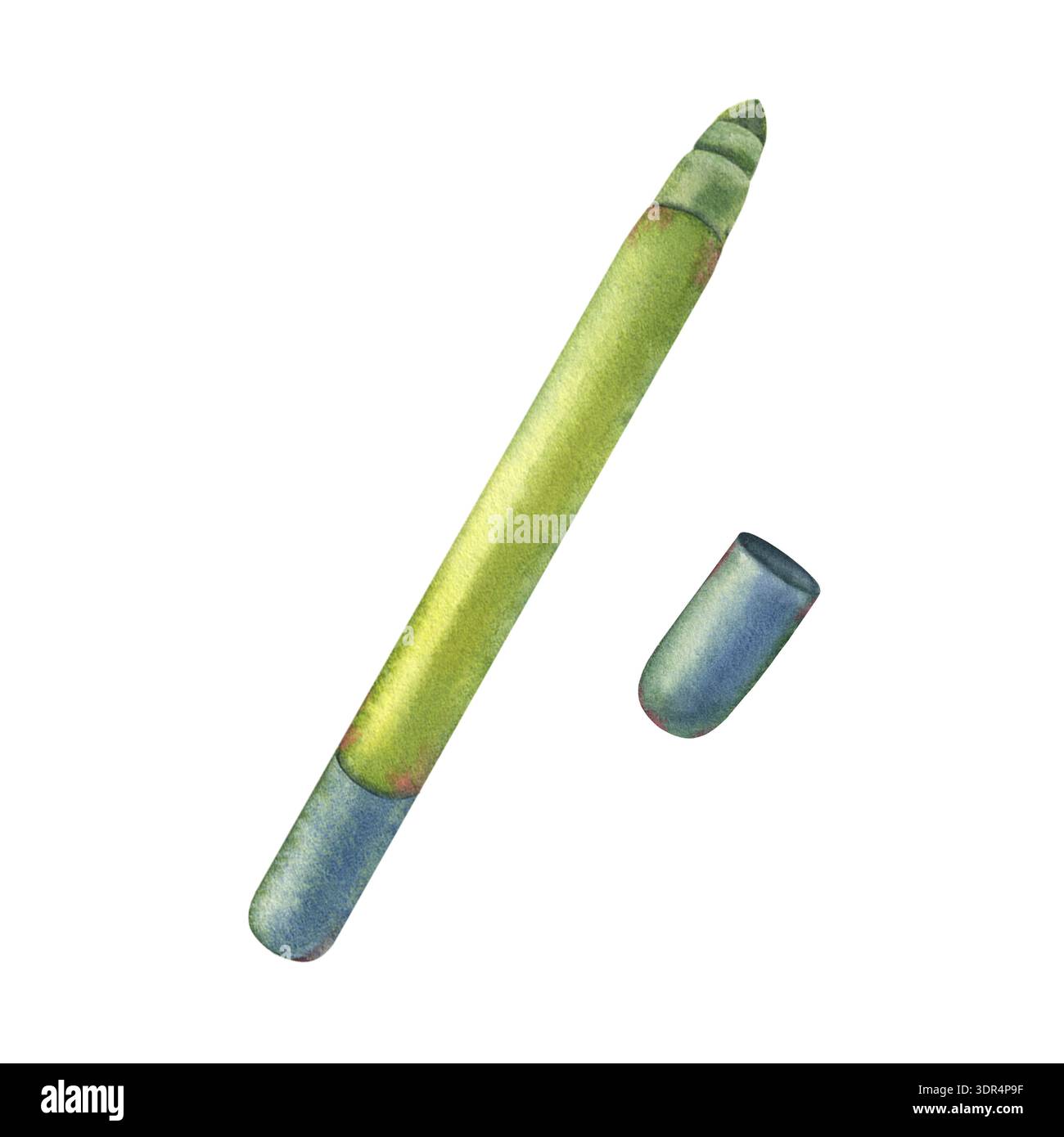 Marcatore verde con tappo aperto. Illustrazione ad acquerello dipinta a mano isolata su bianco per il design scolastico, il branding di cancelleria, materiali didattici, creati Foto Stock