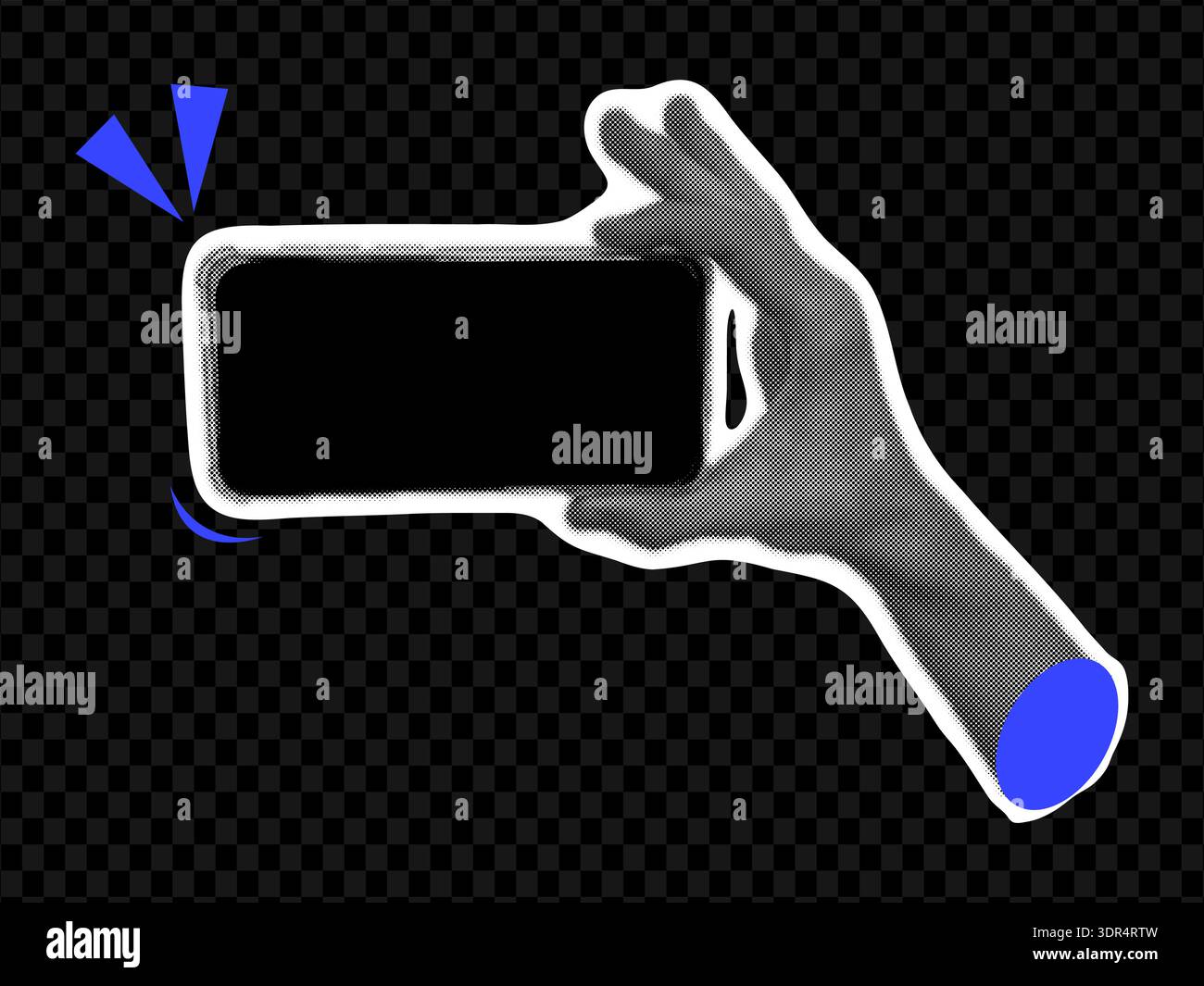 Eleganti mani a mezzitoni che reggono il collage telefonico. Pop art in stile vintage retrò. Comunicazione sui social media. Spazio vuoto riquadro vuoto per preventivo, piano e idea. Illustrazione vettoriale Illustrazione Vettoriale