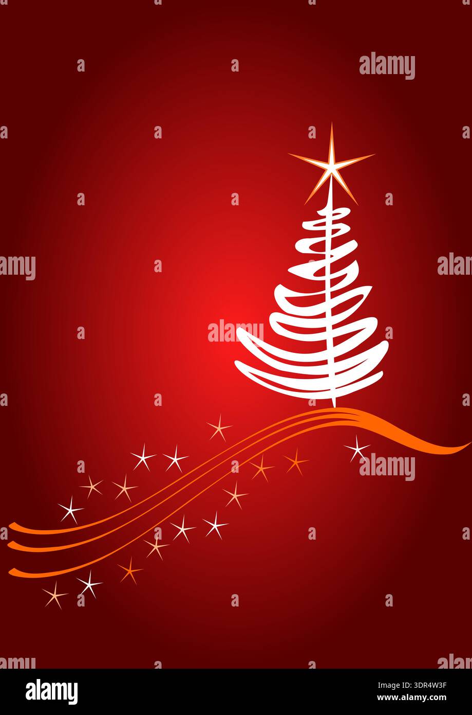 Elegante albero di Natale bianco con Swoosh Stella e arancia su sfondo rosso festivo, illustrazione vettoriale Illustrazione Vettoriale