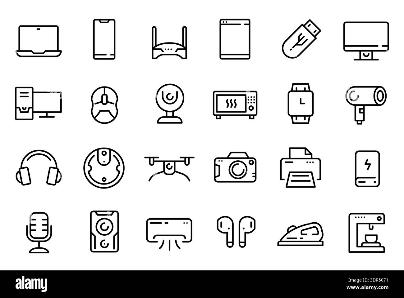Icone della linea del dispositivo. Gadget di elettronica, elettrodomestici. Computer desktop, monitor e laptop, smartphone e webcam, microfono e altoparlante, cuffie e. Illustrazione Vettoriale