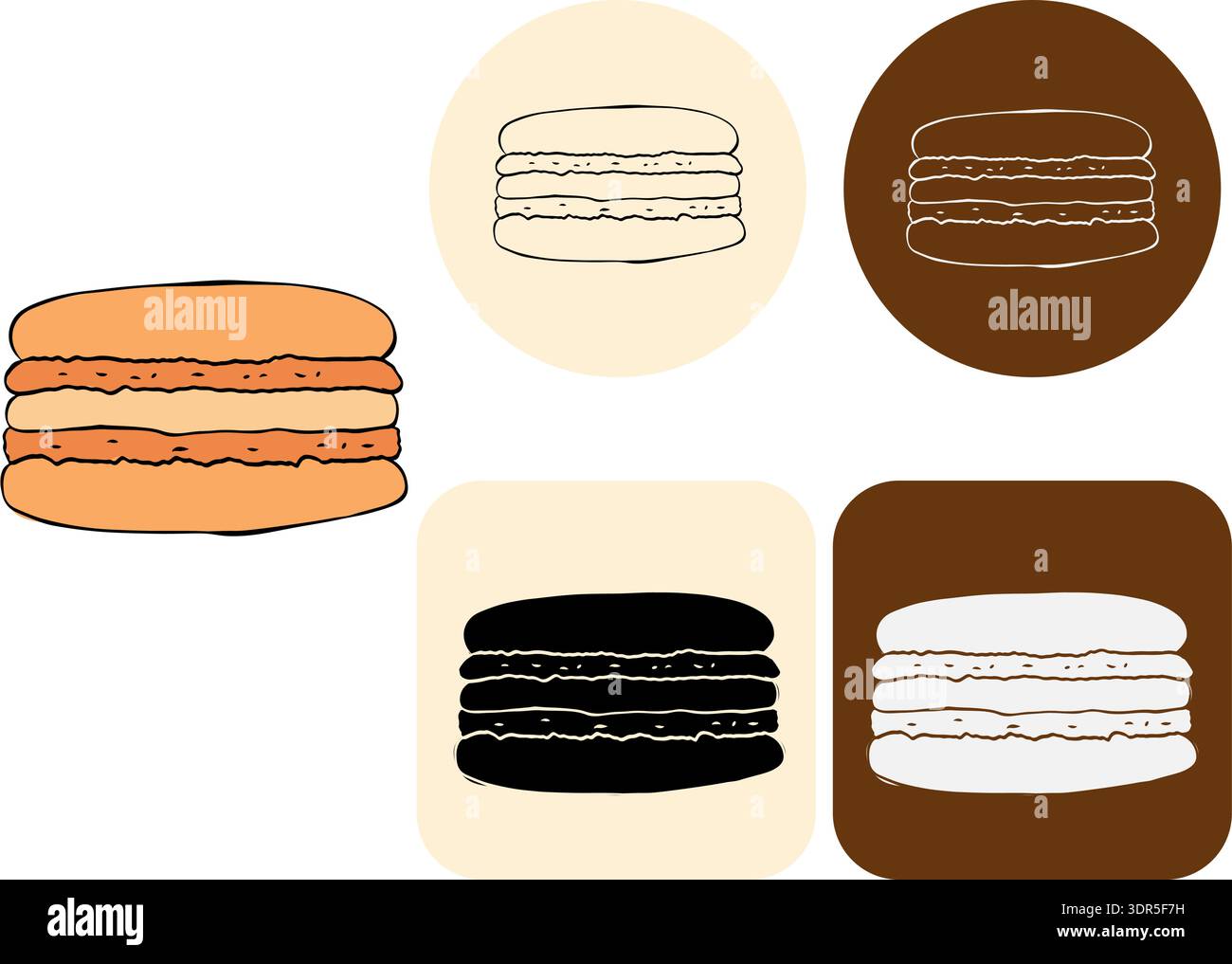 Macaron cookies Cafe logotipo illustrazione disegnata a mano. Grafica vettoriale con inchiostro lineare. Firma silhouette per logo, stampa, fumetti, moda, pop art, tavole, Illustrazione Vettoriale