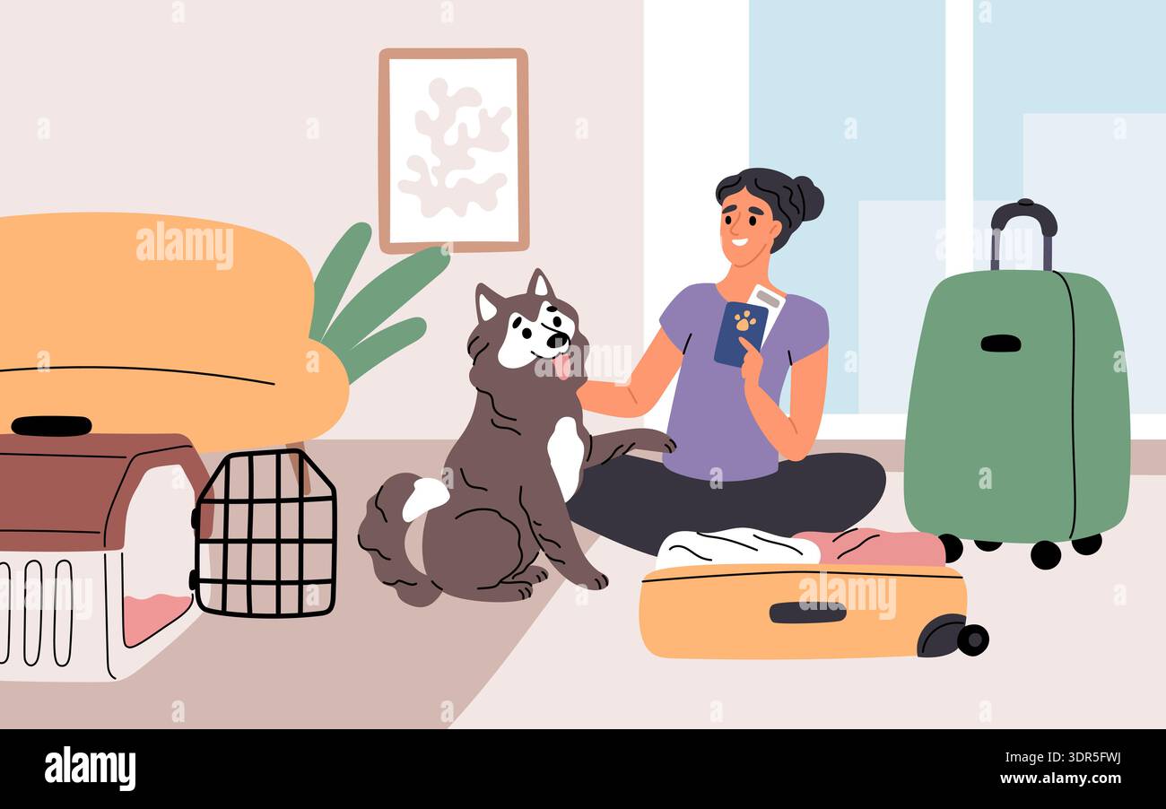 Il proprietario responsabile viaggia con l'animale domestico. La donna si prepara al trasporto di cani, passaporto veterinario, trasporto di animali, razza grande, ragazza che trasporta bagagli, sgarbato Illustrazione Vettoriale