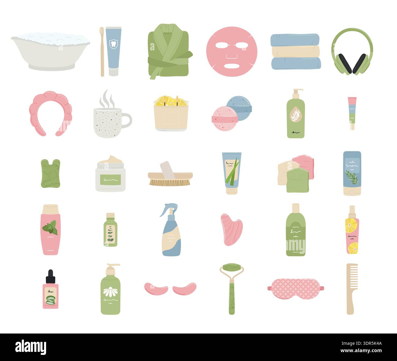 Illustrazioni di prodotti cosmetici di bellezza per la cura della pelle con candela. Concetto di home spa, rituale di autocura, trattamento casalingo e stile di vita benessere. Mano d Illustrazione Vettoriale