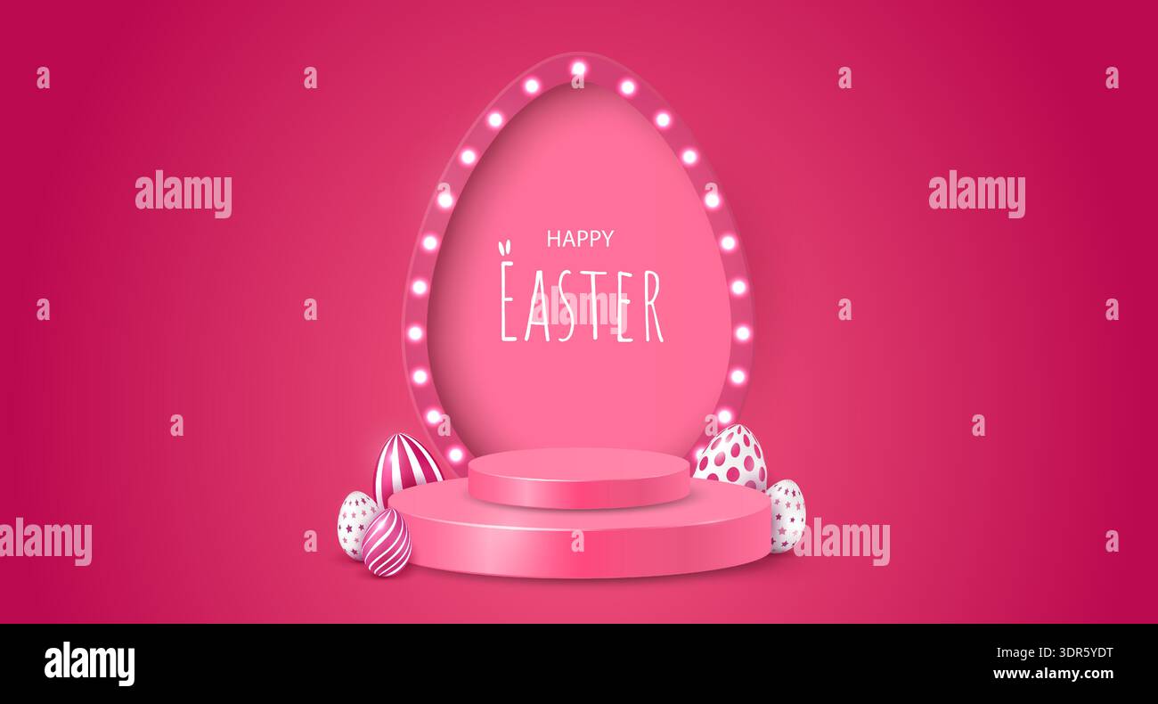 Cartolina di Pasqua con palco, podio, arco a forma di uovo e illuminazione, uova decorative e un'iscrizione su sfondo scarlatto. Illustrazione Vettoriale