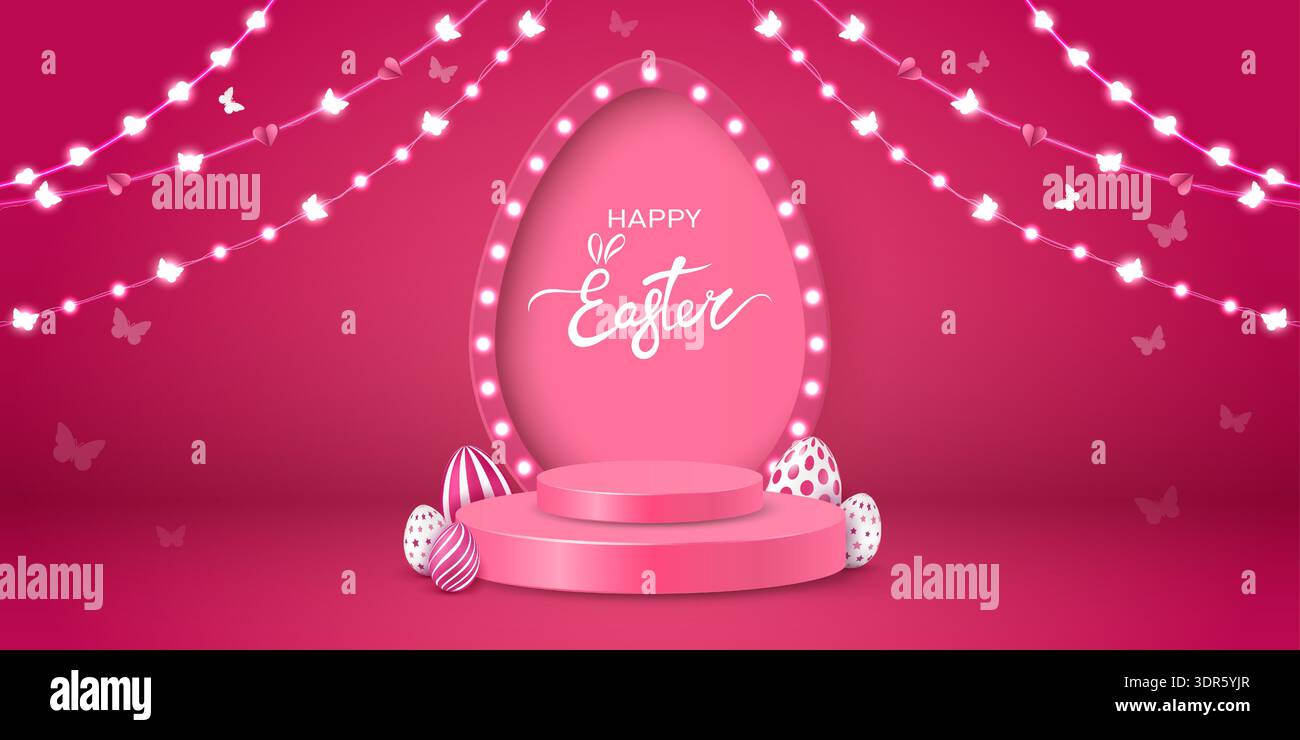 Cartolina di Pasqua con palco, podio, arco a forma di uovo, ghirlande e uova decorative su sfondo scarlatto. Illustrazione Vettoriale