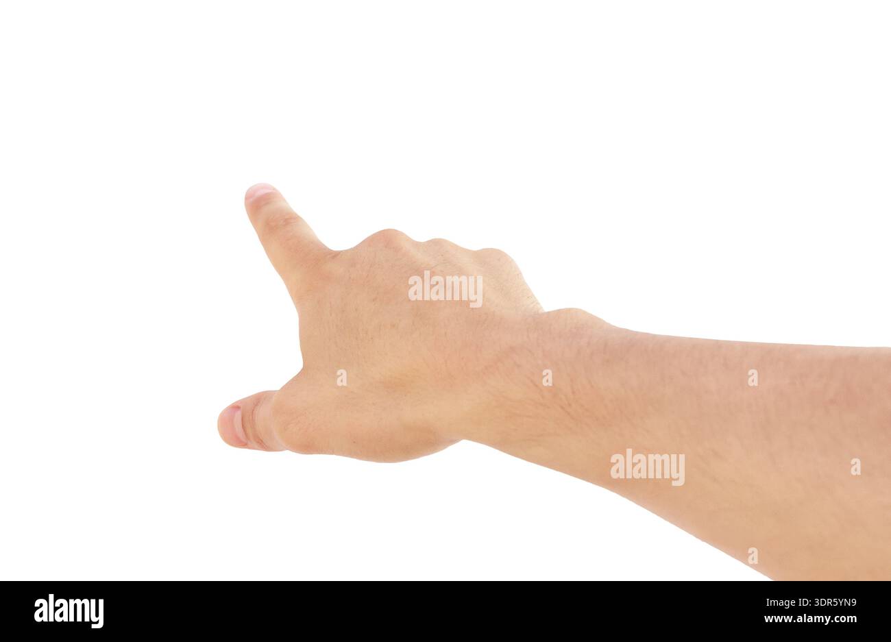 Mano umana che punta con indice isolato su sfondo bianco. Concetto di gesti per la selezione, il tocco, la direzione, la pressione del pulsante, la navigazione e i Foto Stock