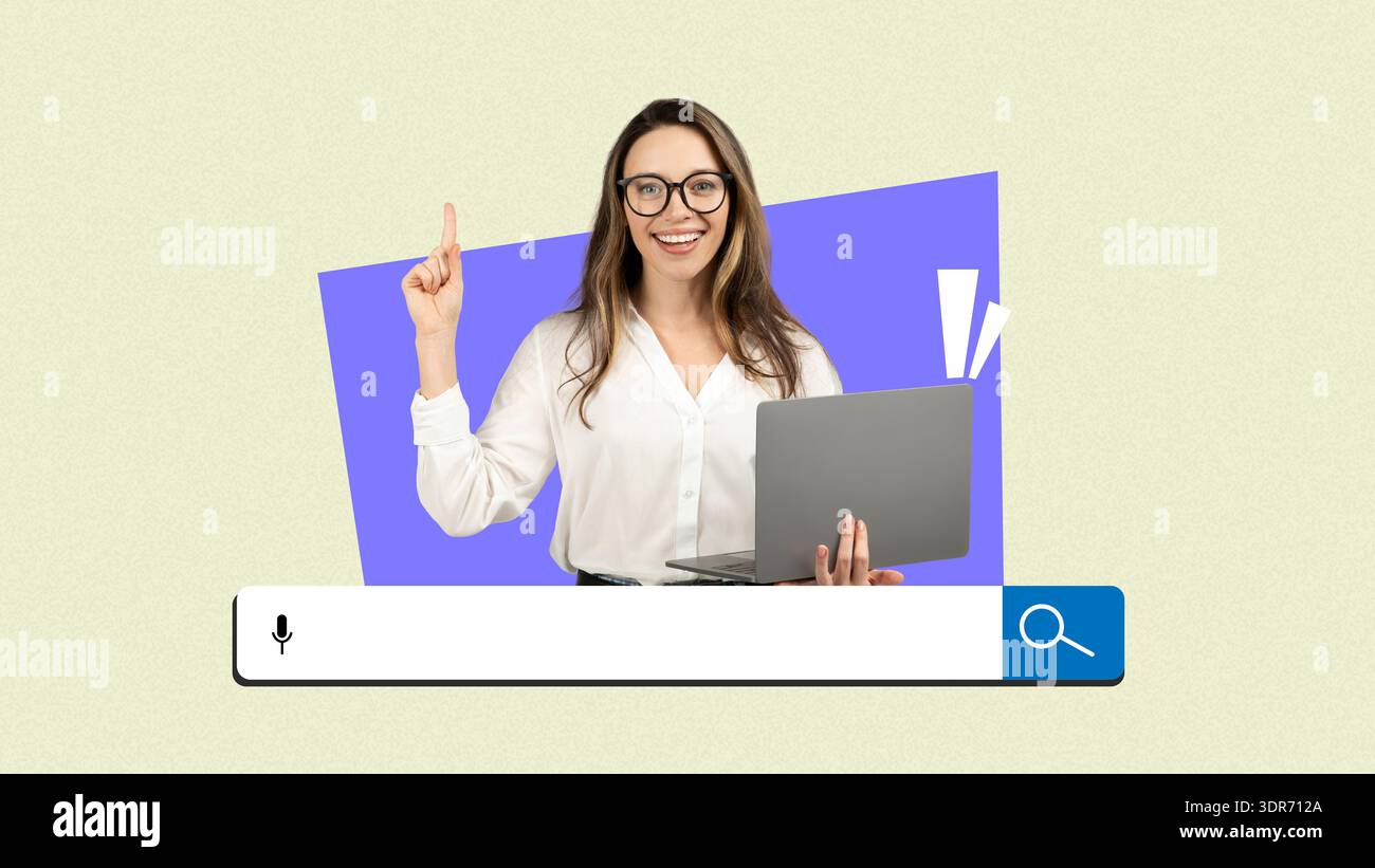Una persona tiene il laptop e punta verso l'alto in un set Creative Digital Collage con uno sfondo chiaro Foto Stock