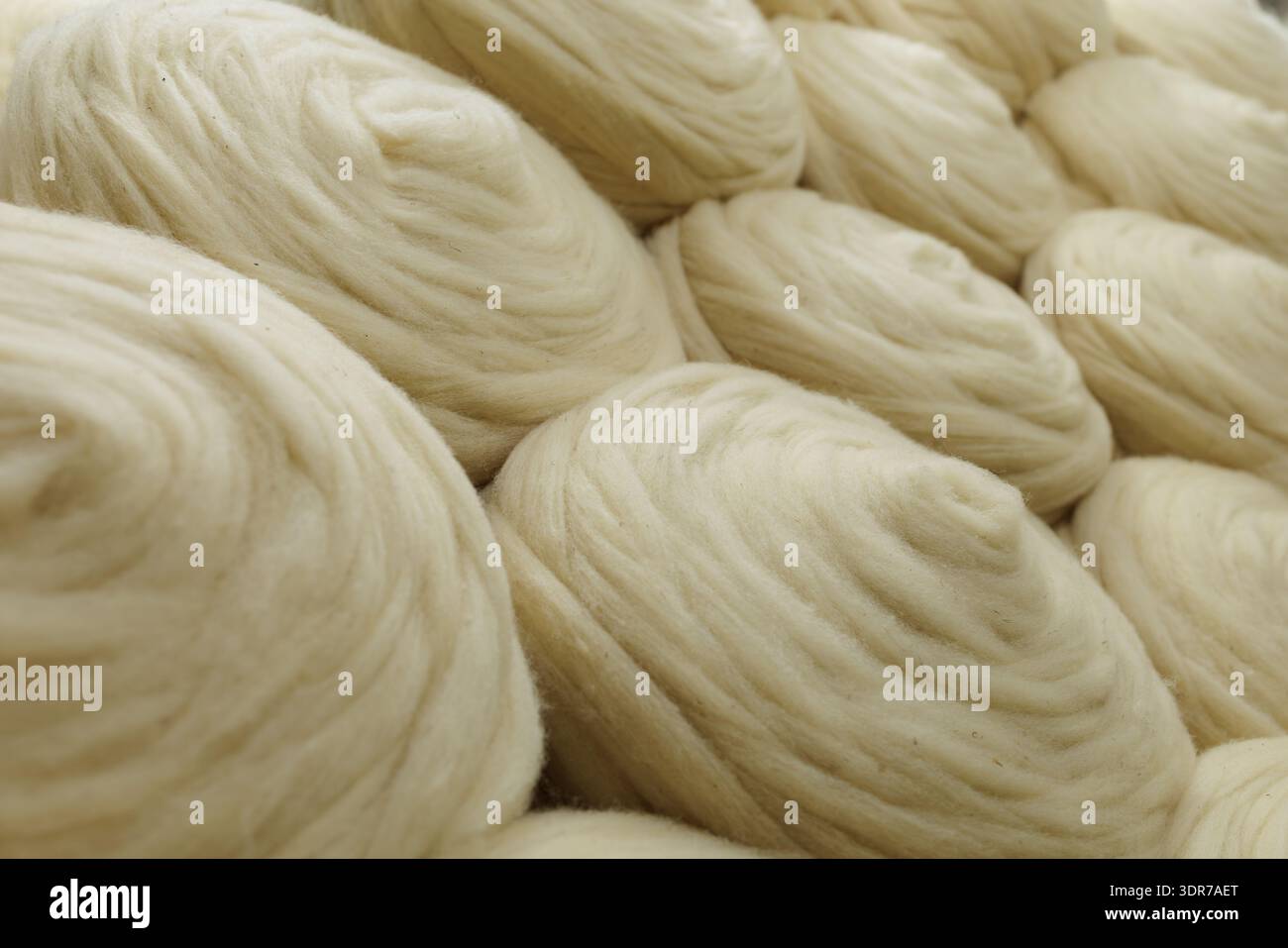 Primo piano di fasci di lana merino naturale utilizzati nella filatura e nella produzione tessile, ideali per la commercializzazione sostenibile della moda e della produzione. Foto Stock