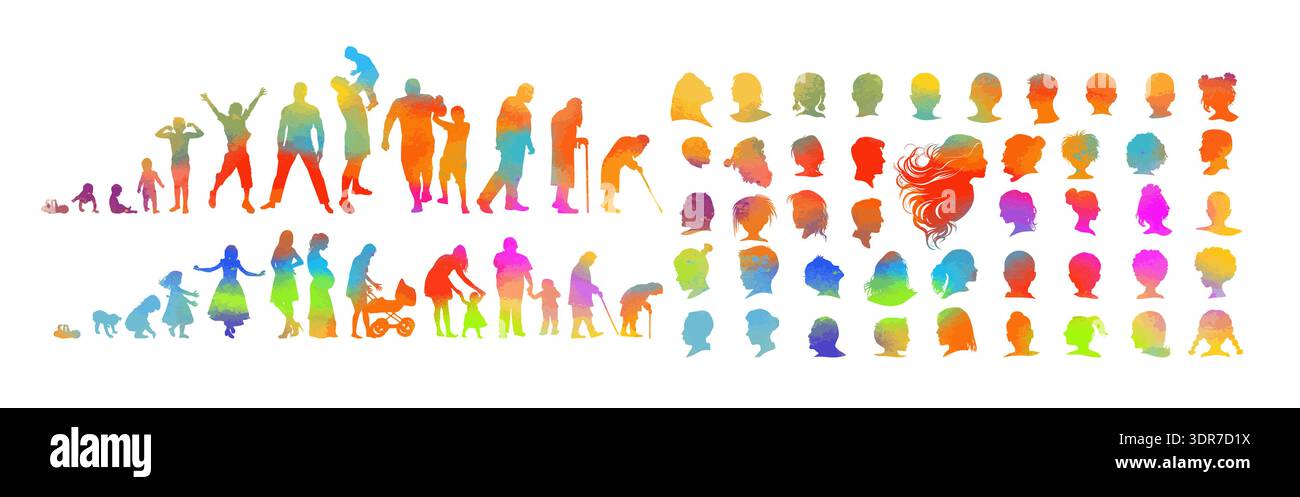 Sagome di persone colorate ciclo di vita. Disegnato a mano. Non ai, illustrazione vettoriale. Illustrazione Vettoriale