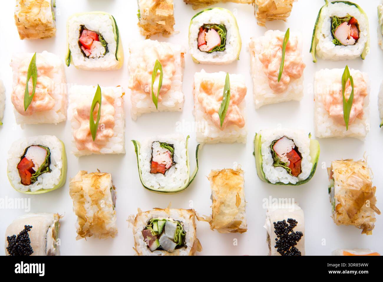 Pezzi assortiti di sushi disposti su una superficie bianca per essere esposti durante un evento gastronomico Foto Stock