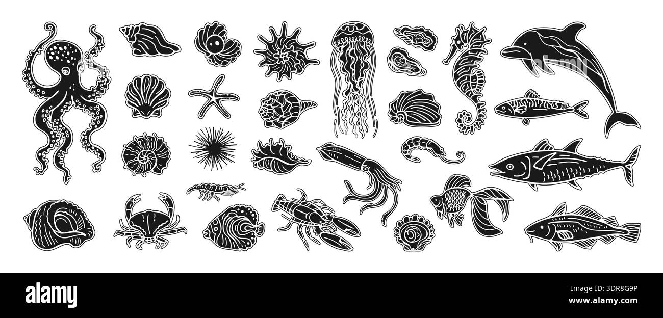 Set di illustrazioni vettoriali disegnate a mano della vita marina sottomarina con polpo, cavalluccio marino granchio di pesce nautilus, conchiglie di stelle marine di aragosta. Stencil per stampa con francobolli d'arte moderna, atmosfera costiera dell'oceano Illustrazione Vettoriale