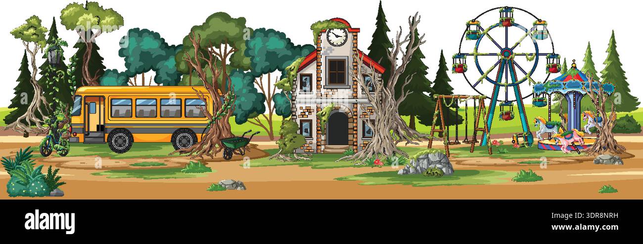 Vettore cartoni animati del parco divertimenti della foresta deserta, edificio scolastico in rovina, autobus arrugginito e giostre Illustrazione Vettoriale