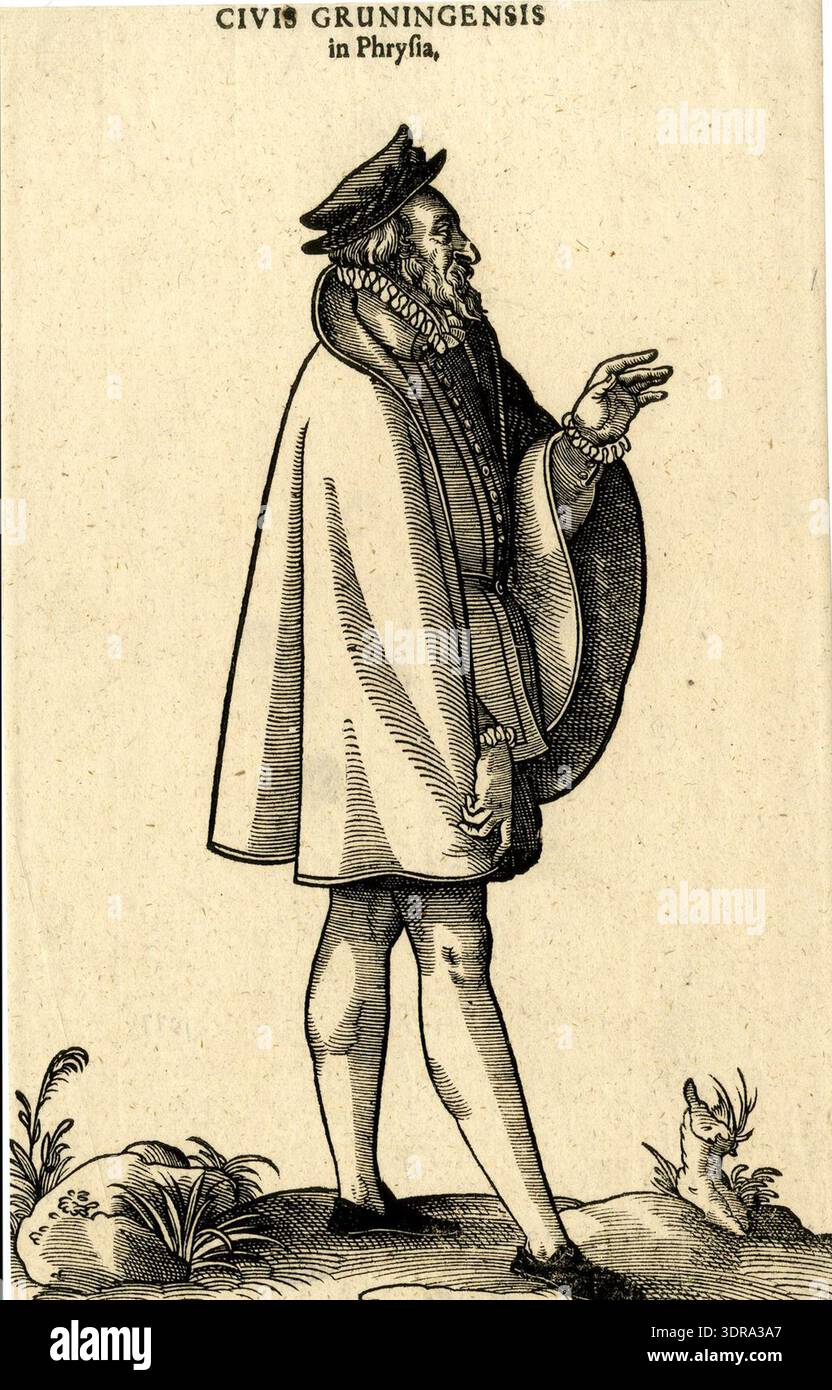 Illustrazione a falegnameria e a stampa letteraria del 1577 che mostra un baco di Groninga con profilo a tutta lunghezza a destra, sollevando la mano sinistra. Indossa un mantello a mezza lunghezza e un cappello piatto. L'immagine fa parte del Trachtenbuch di Hans Weigel, seconda edizione pubblicata a Ulma da Balthasar Kühn per Johann Görlin il Vecchio. La stampa mostra l'abbigliamento urbano del XVI secolo, il costume civico e le convenzioni europee sull'abbigliamento. Foto Stock