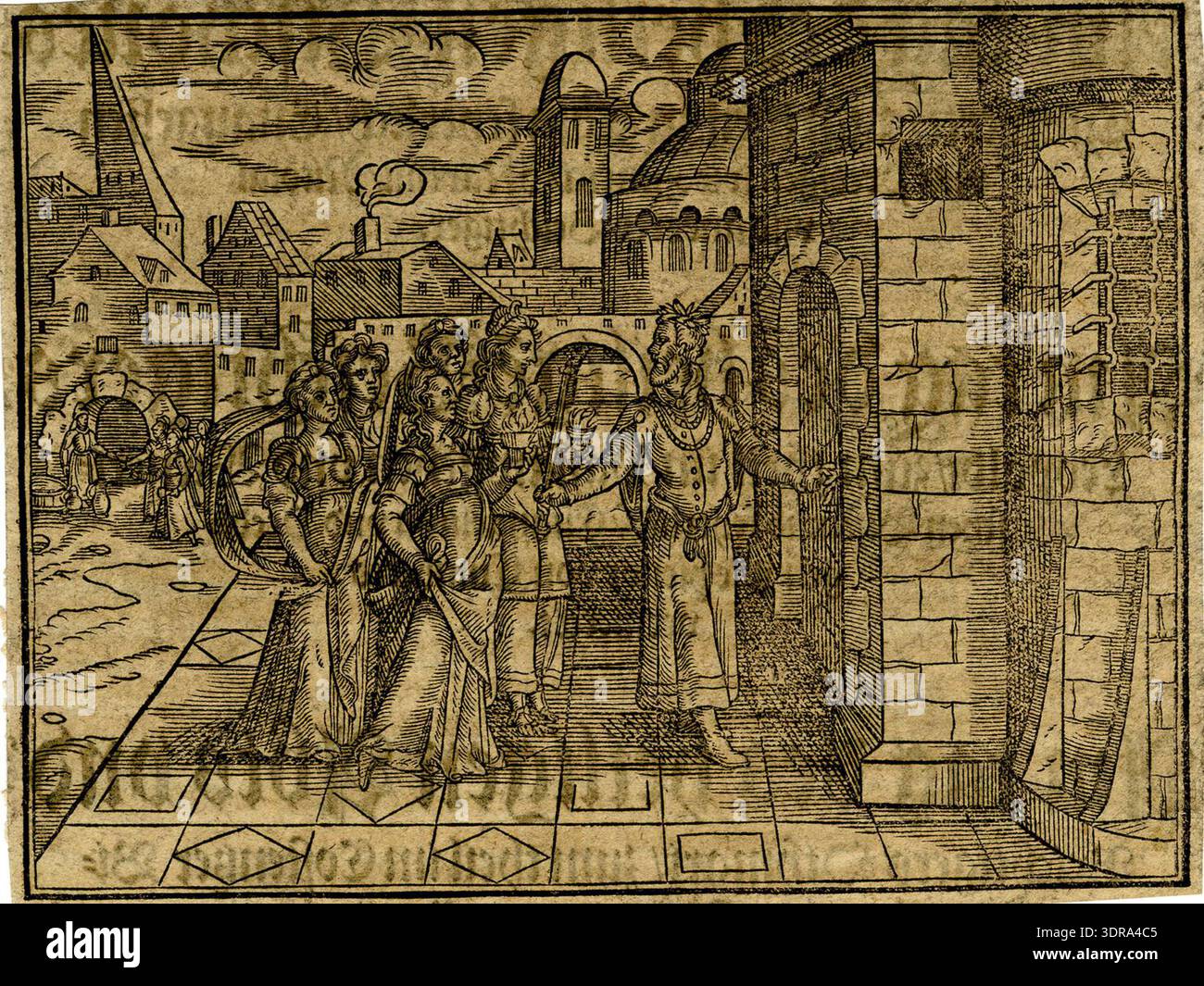 Questo 1580 xilografie illustra la parabola delle vergini sagge e sciocche. Cinque figure femminili che tengono lampade a olio in fiamme sono portate ad un edificio a destra da una figura maschile, mentre le folli vergini con lampade spente appaiono sullo sfondo sinistro. Stampa nordeuropea del tardo XVI secolo, tecnica di taglio del legno, immagini devozionali, rappresentazione narrativa, figure rivolte agli osservatori, saldo compositivo, disposizione figurativa, dettaglio inciso, rappresentazione simbolica, foglio stampato, contenuto tematico, stampa precoce, chiarezza visiva, layout della pagina, illustrazione storica, proporzione figurale, cera Foto Stock