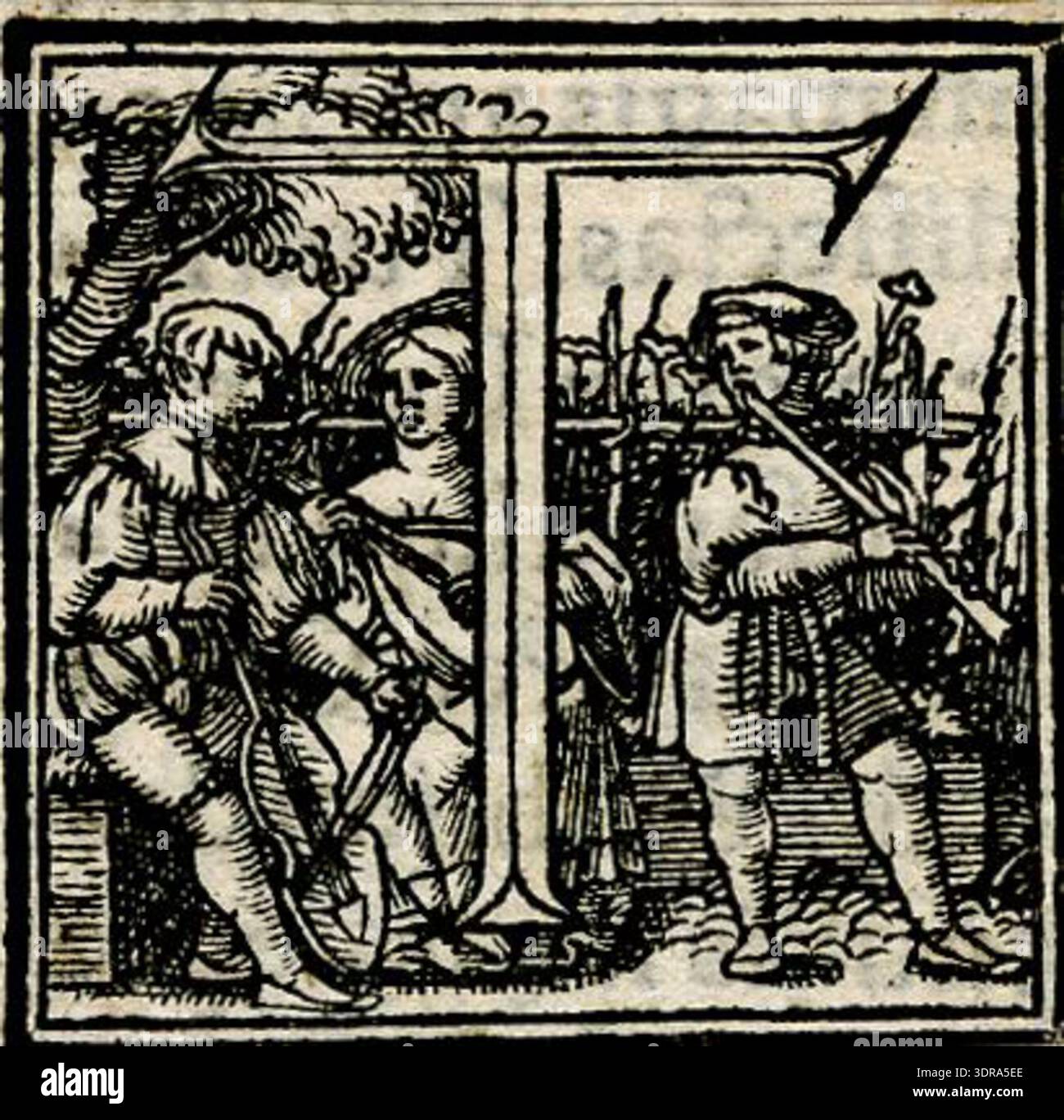 Illustrazione del libro europeo di Monogrammist H, stampato da Christian Egenolph, 1543. Presenta le lettere iniziali A, B, C, D, e, F, H, I, L, M, N, O, P, Q, R, s, T, V contenenti scene allegoriche, storiche e amorose. Progettati per l'Opera di Lucian, edizione di Francoforte, i xilografie combinano la decorazione tipografica con la narrazione figurativa, dimostrando le tecniche di incisione della metà del XVI secolo e le pratiche di illustrazione dei libri europei. Foto Stock