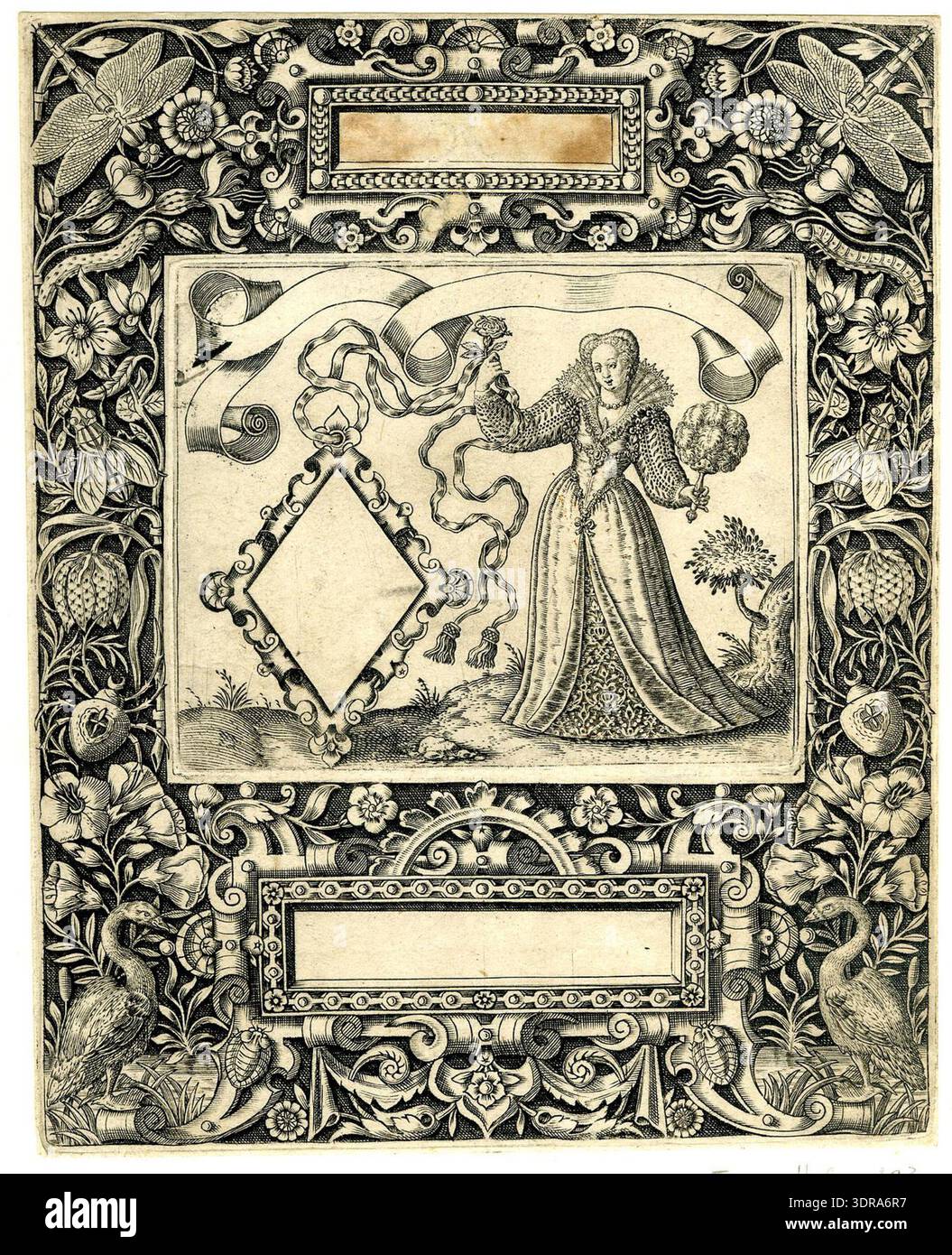 Incisione datata 1592 caratterizzata da un contorno decorativo con due libellule nella parte superiore e due oche sotto, fiancheggiando cartigli vuoti. Al centro, su un piccolo piatto separato, si trova una donna riccamente vestita che tiene un ventilatore e un fiore accanto a un banderolo vuoto e a un dispositivo di scrollwork. La stampa è servita come illustrazione in Emblemata Nobilitati pubblicato a Francoforte, combinando immagini emblematiche con design ornamentale. Foto Stock